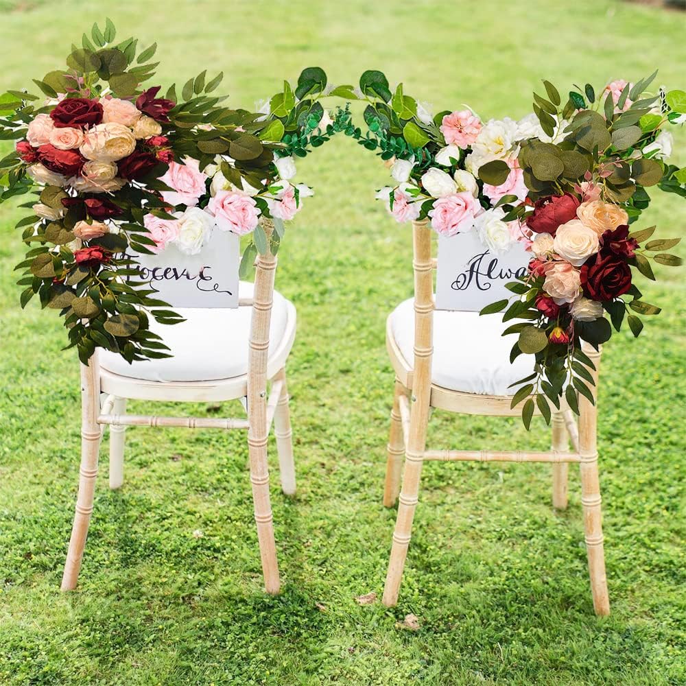 Firlar Kit de flores artificiales para arco de boda, 2 guirnaldas florales decorativas con rosa roja, peonía rosa y hojas de eucalipto, guirnalda de