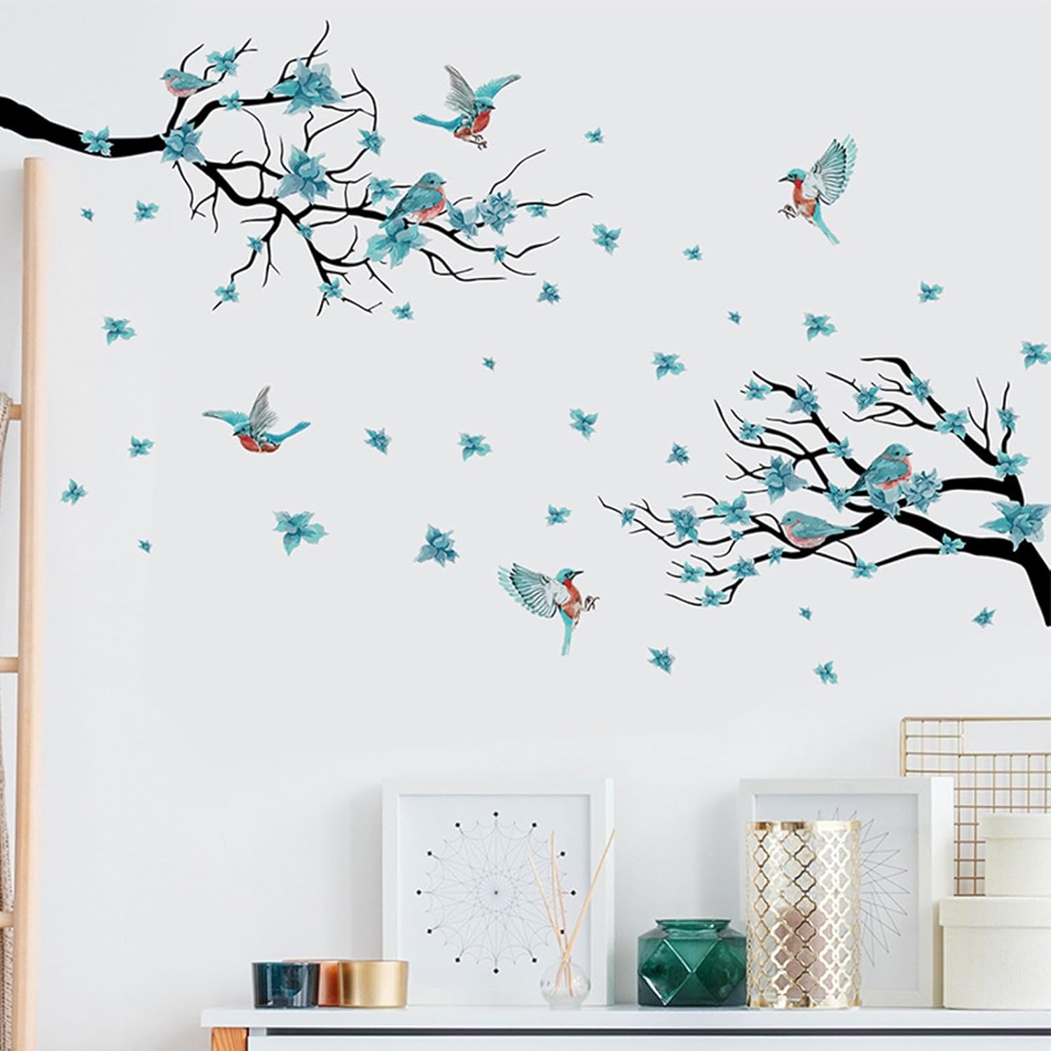 Calcomanías de pared de acuarela con flores azules (52.3 x 30.3 pulgadas), calcomanías de pared con flores y pájaros, ramas de árbol, sala de estar,