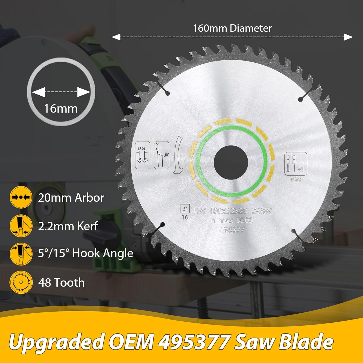 Hoja de sierra de pista mejorada 495377 de 6.299 x 0.087 x 0.787 in, 48 dientes compatible con festool TS 55 TSC 55 ATF 55 AP 55, DWS520K y Makita