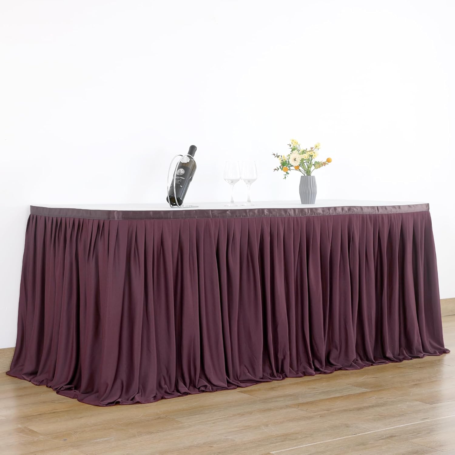 Partisky Falda de mesa de poliéster burdeos para mesas rectangulares de 6 pies, mantel plisado resistente a las arrugas con volantes para banquetes,