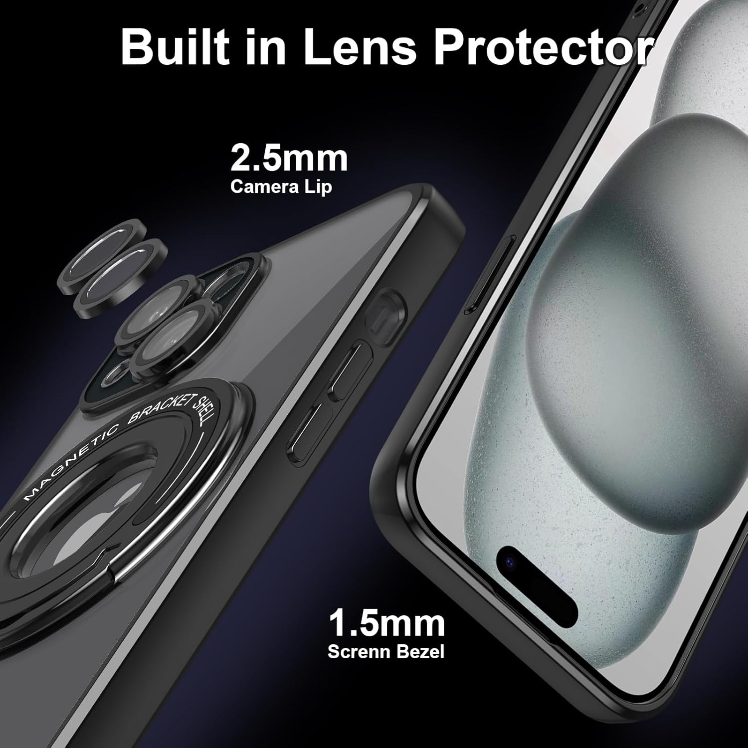 LONTECT Funda para iPhone 15 con soporte de anillo magnético, a prueba de golpes, protección contra caídas, antiarañazos, ajuste delgado,