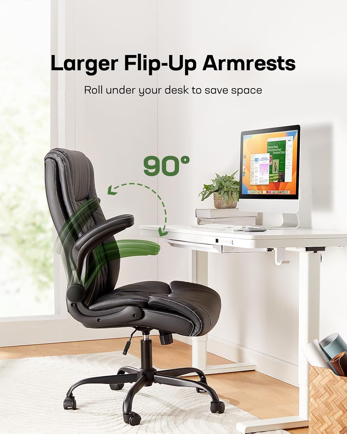 Marsail Silla de oficina ejecutiva con reposabrazos abatibles, silla de escritorio ergonómica de piel sintética, silla de escritorio giratoria de