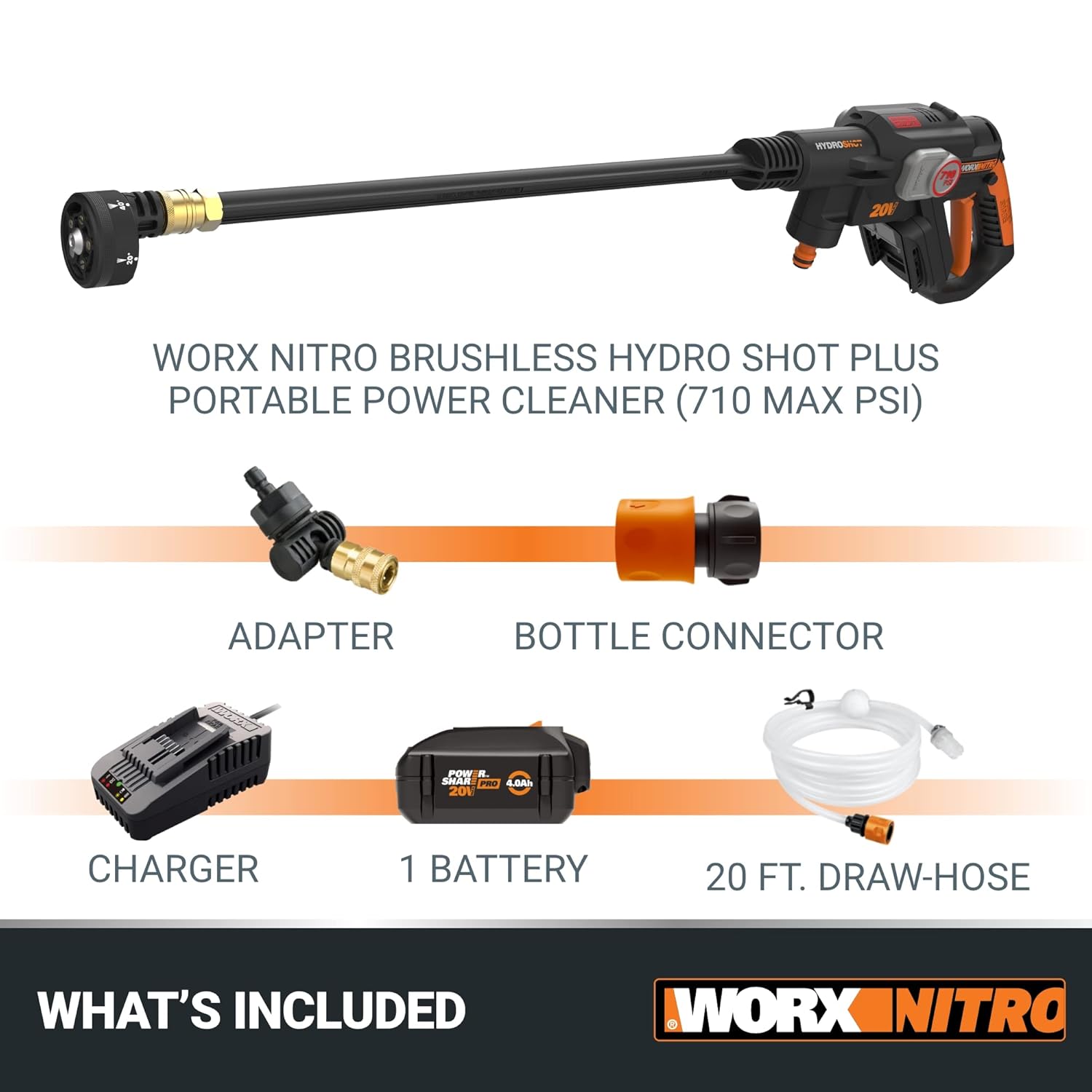 Worx Nitro Hydroshot – Lavadora a presión eléctrica de 20 V 710 PSI con motor sin escobillas inalámbrica, ligera, 5 en 1, limpiador de energía