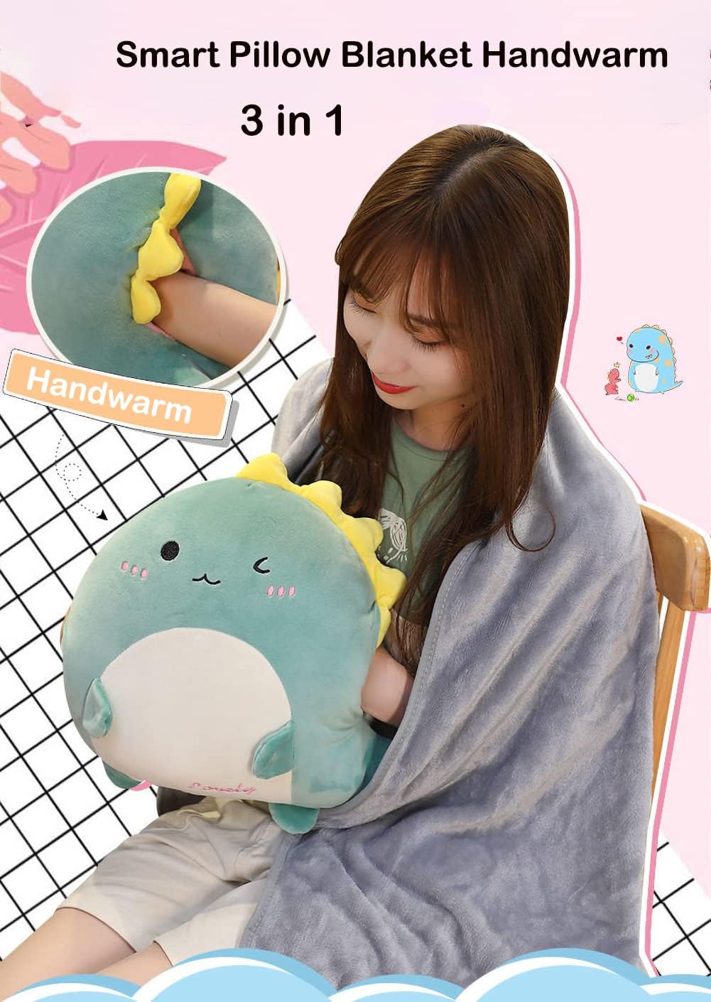 Cobija de peluche con diseño de pingüino de peluche y manta de forro polar, manta de viaje y almohada 2 en 1 (gris)