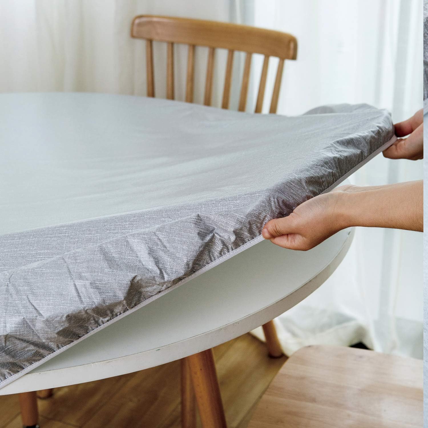 NLMUVW Mantel redondo de vinilo ajustable con borde elástico, 100 % impermeable, a prueba de aceite, mantel de PVC para interiores y exteriores,