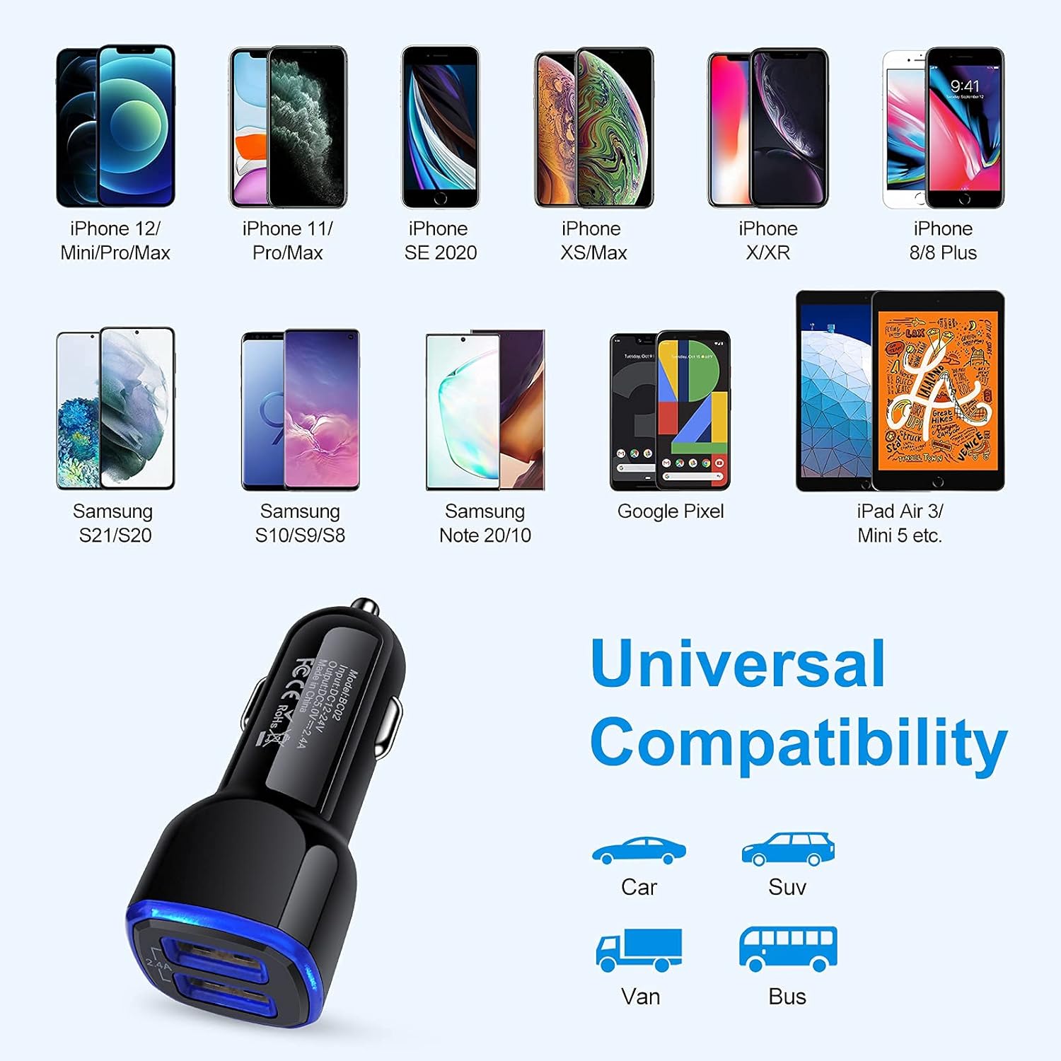 Cargador de coche USB, 5 unidades de 2.4 A, cargador de cigarrillos USB de doble puerto, adaptador de enchufe para iPhone 15 14 13 12 SE 11 Pro Max,