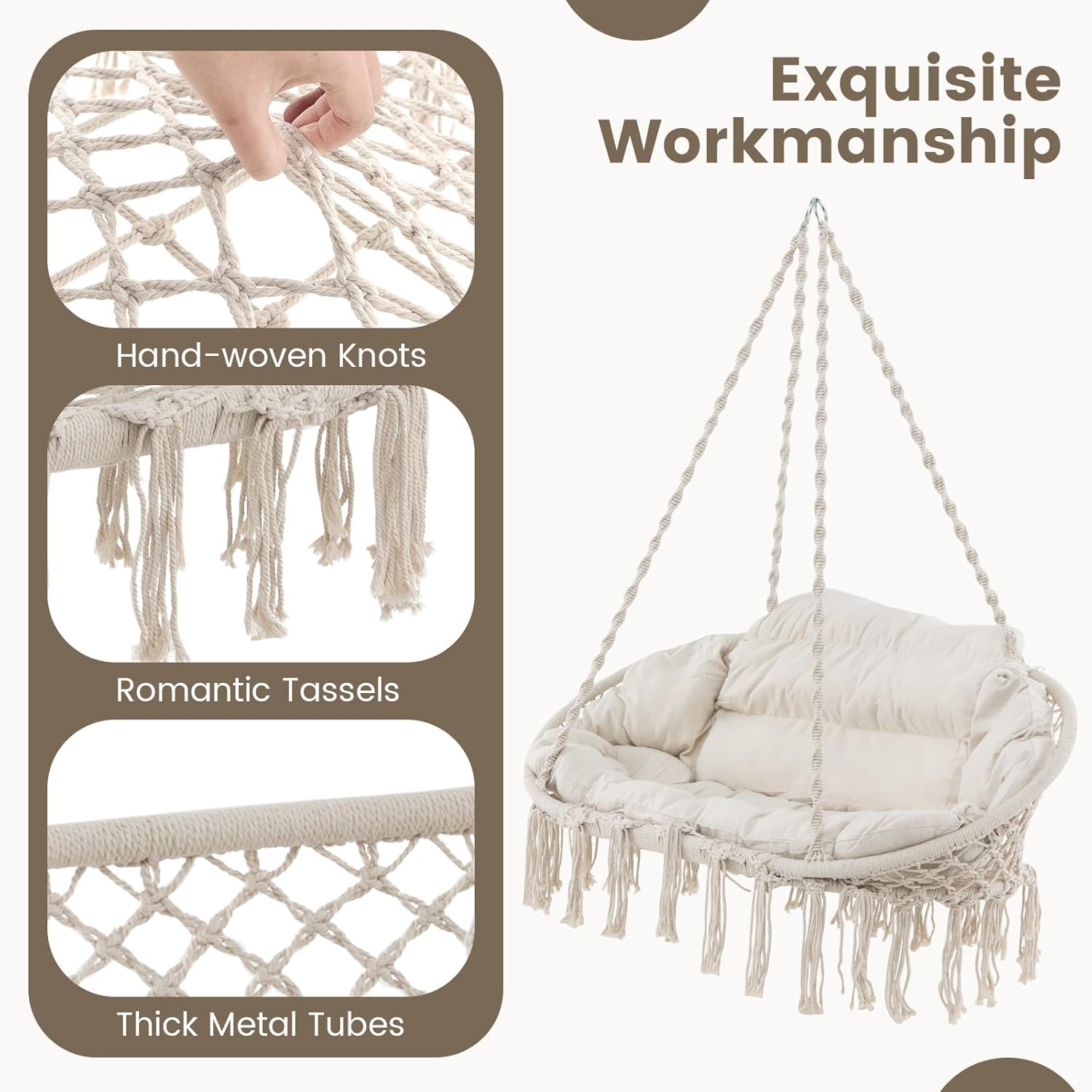 Giantex Hammock Chair, Macrame Hanging Chair with Removable Cushion, Romantic Tassels, Outdoor Indoor Rope Chair for Relax in Bedroom, Porch,