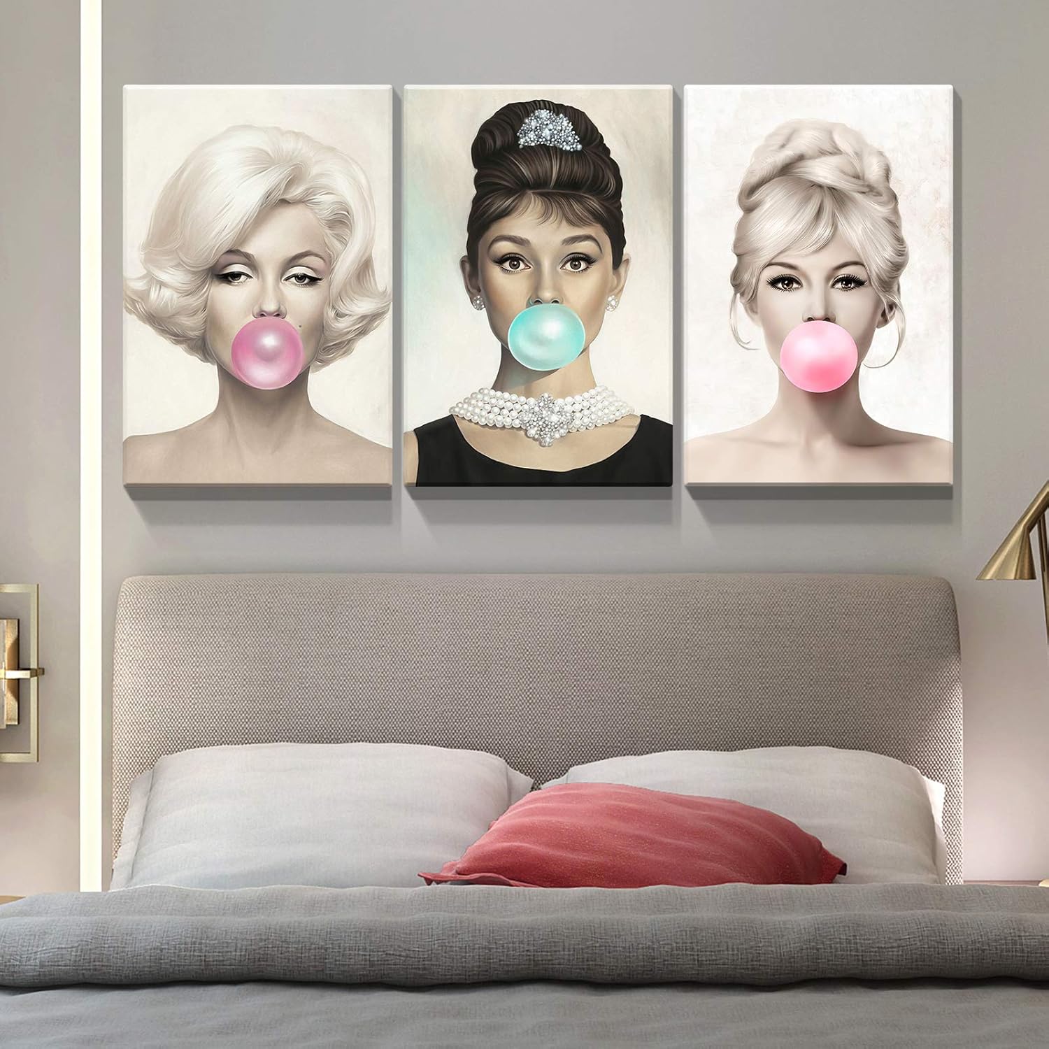 Denozer Arte de pared en lienzo con retrato de belleza de 3 paneles, Marilyn Monroe, Audrey Hepburn y Brigitte Bardot con coloridos chicles de