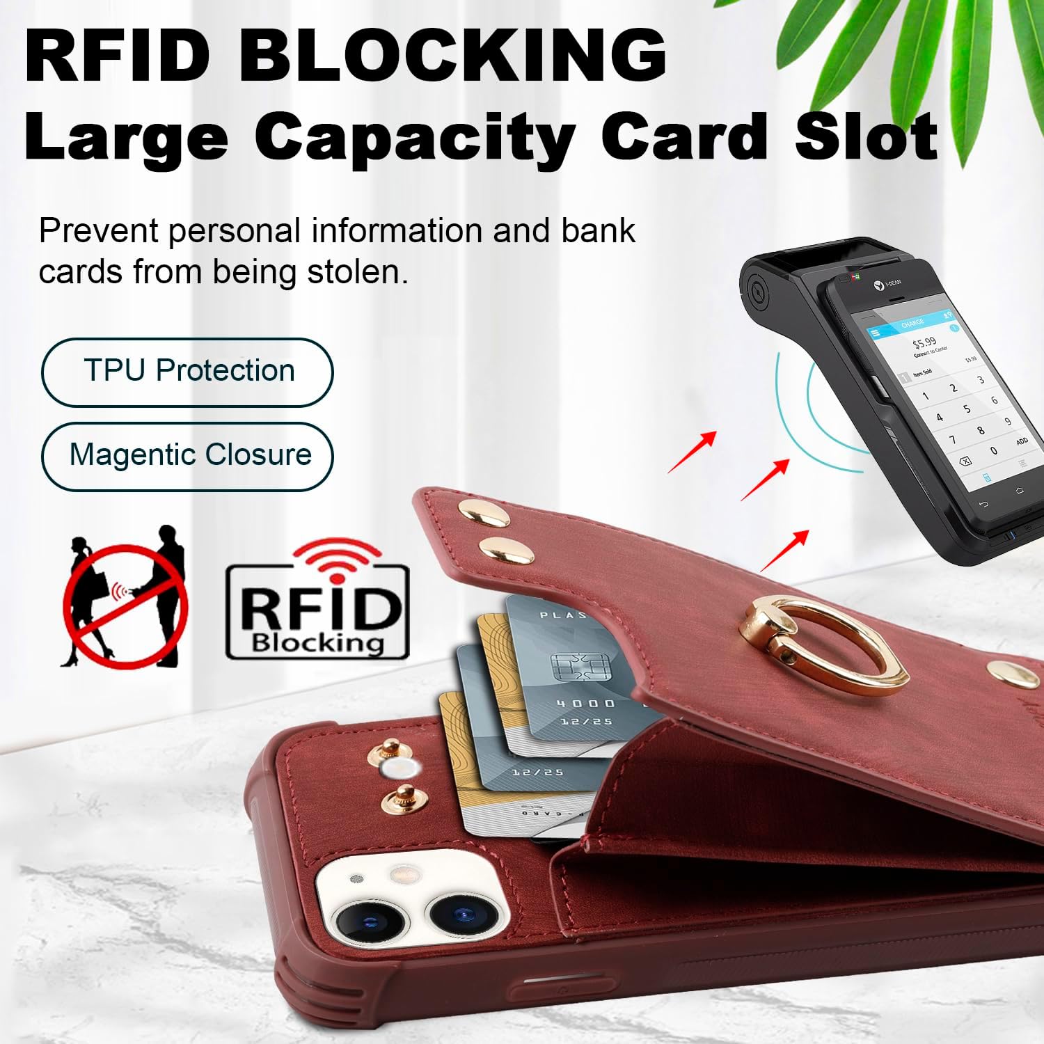 Funda tipo cartera para iPhone 12 Pro12 con tarjetero de crédito, funda protectora de cuero a prueba de golpes compatible con soporte de anillo de