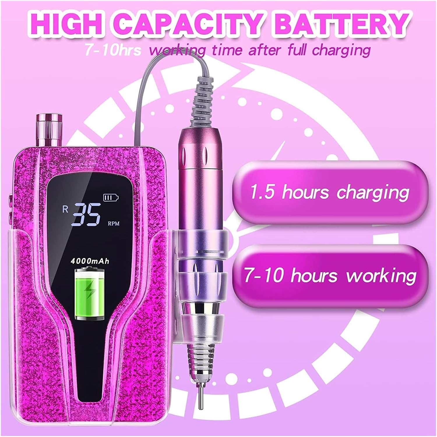 Lima de uñas eléctrica, 35000 rpm, máquina de manicura, recargable, potente lima de uñas eléctrica, motor profesional para esmalte de gel arcílico
