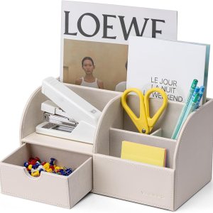 Vlando Organizador de escritorio de oficina Organizador de escritorio de cuero con cajón para almacenar suministros de escritorio y accesorios Vlando Organizador de escritorio de oficina Organizador de escritorio de cuero con cajón para almacenar suministros de escritorio y accesorios