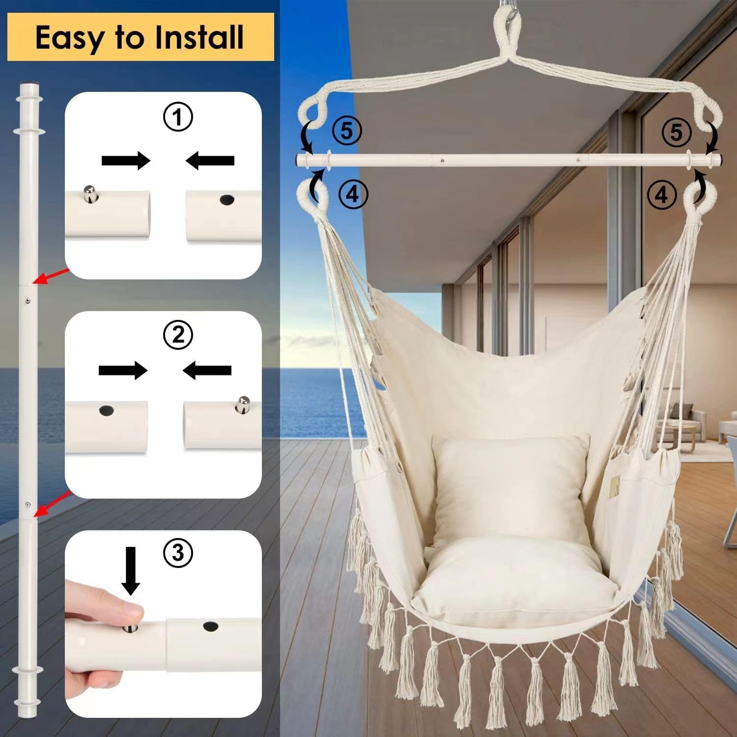 Silla hamaca, silla colgante grande de macramé con columpio de cuerda para colgar, 2 cojines incluidos, máximo 500 libras, tejido de algodón para