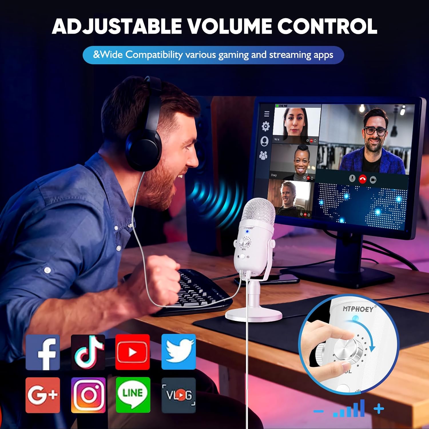 Micrófono USB para PC, micrófono de condensador de computadora Pro Podcast para juegos para PCportátilteléfonoPS45 con cancelación de ruido,