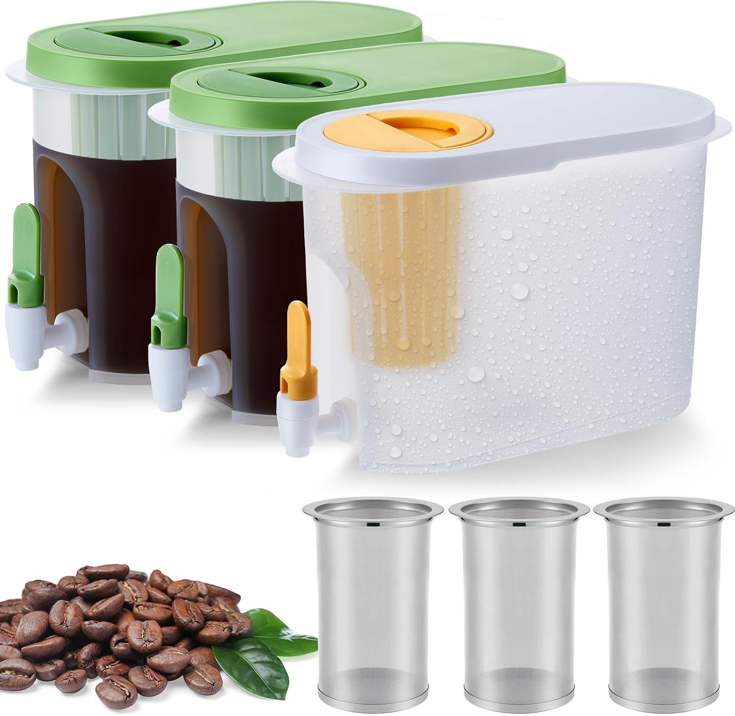 3 juegos de cafetera fría de 1 galón, jarra de café helado con filtro de malla de acero inoxidable y espita, jarra de preparación fría, dispensador