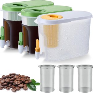 3 juegos de cafetera fría de 1 galón, jarra de café helado con filtro de malla de acero inoxidable y espita, jarra de preparación fría, dispensador 3 juegos de cafetera fría de 1 galón, jarra de café helado con filtro de malla de acero inoxidable y espita, jarra de preparación fría, dispensador