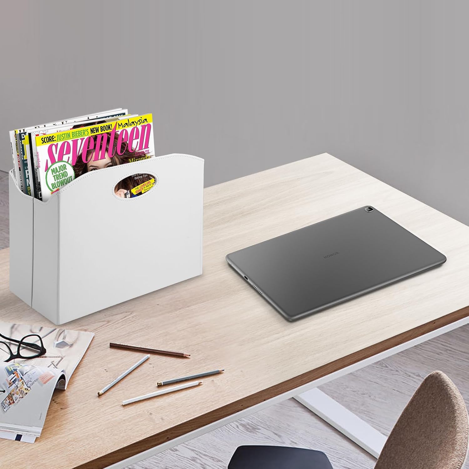 Estante plegable de piel sintética para revistas, con asa, para guardar libros de periódicos, organizador de carpetas de archivos para el hogar u