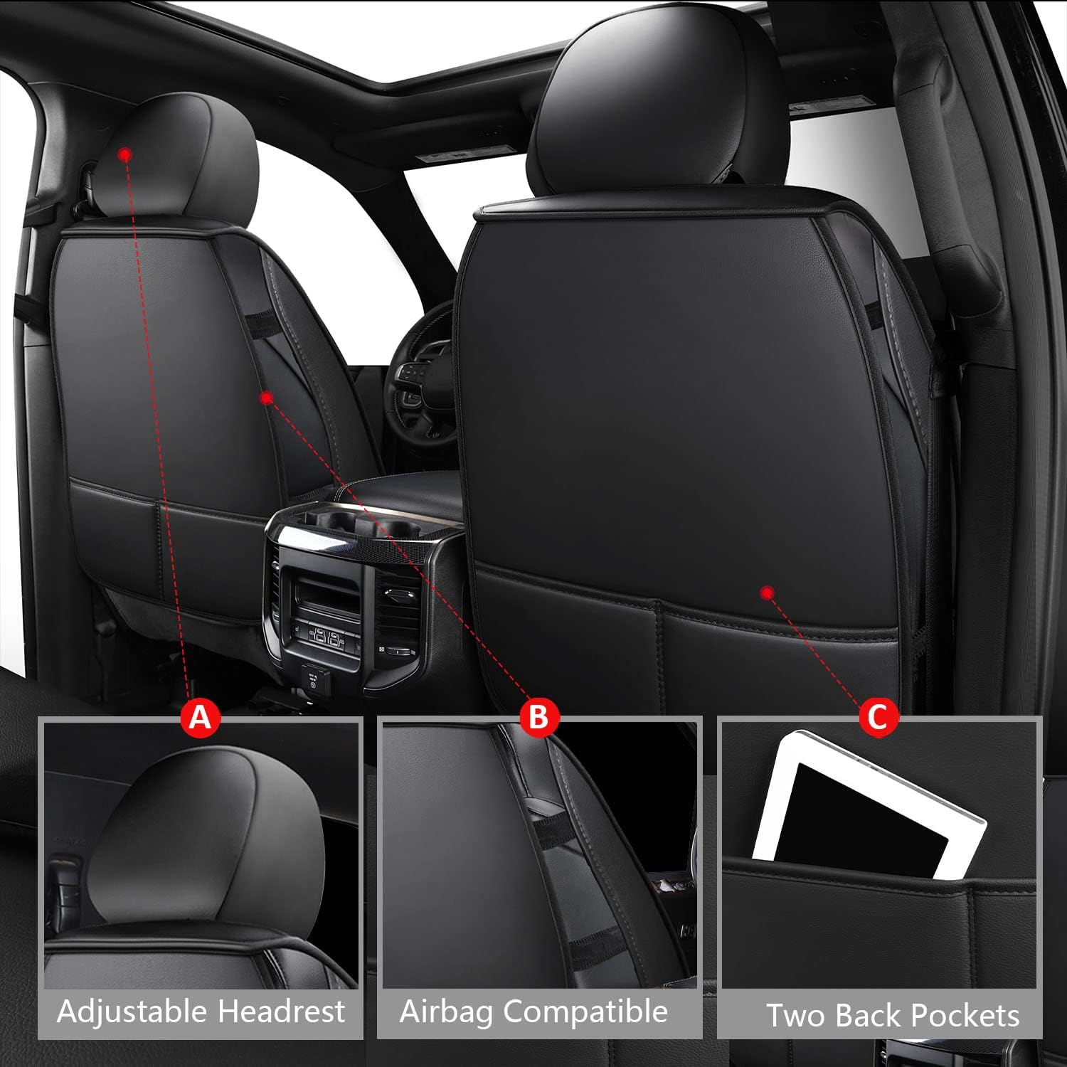MIROZO Dodge Ram Juego completo, 5 fundas de asiento de automóvil impermeables para Ram 1500 2500 3500 Crew Quad modelos 2009-2024 compatibles con