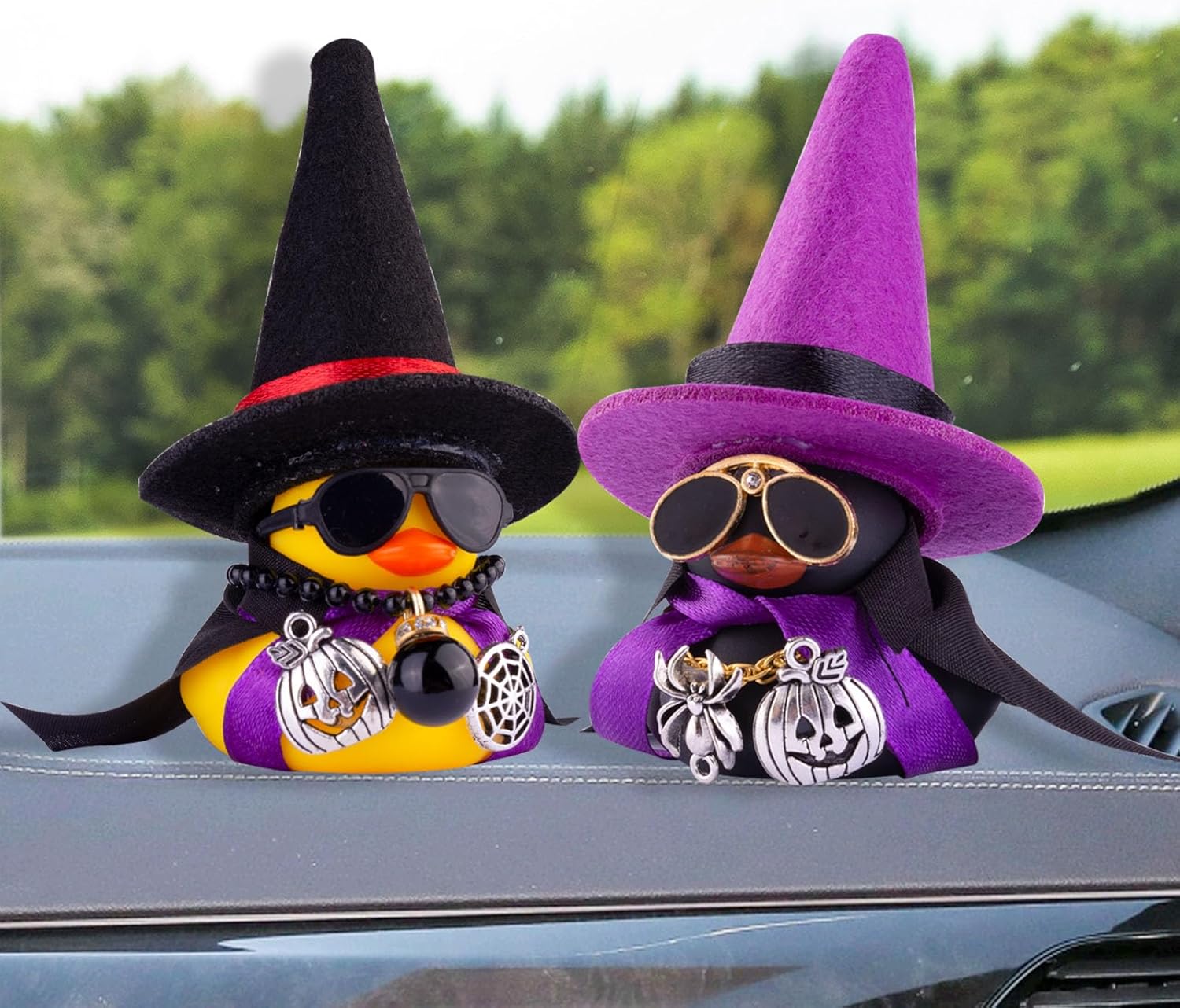 Adornos de pato de goma para automóvil, decoraciones de tablero de automóvil con mini sombrero de bruja, capa, collar, accesorios de Halloween para