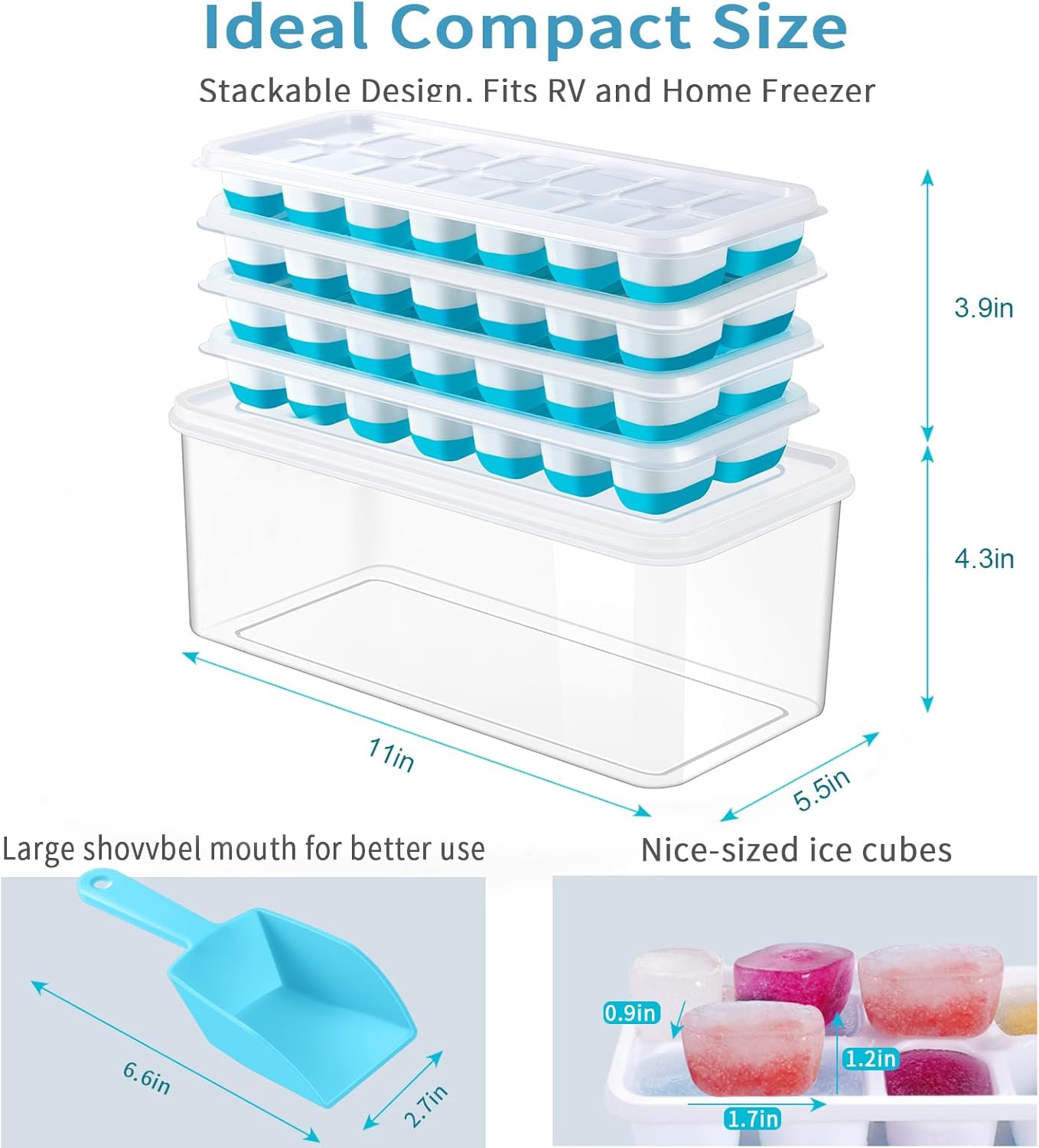 ARTLEO Bandeja para cubitos de hielo con tapa y contenedor, paquete de 4 bandejas de plástico de silicona para cubitos de hielo para congelador con
