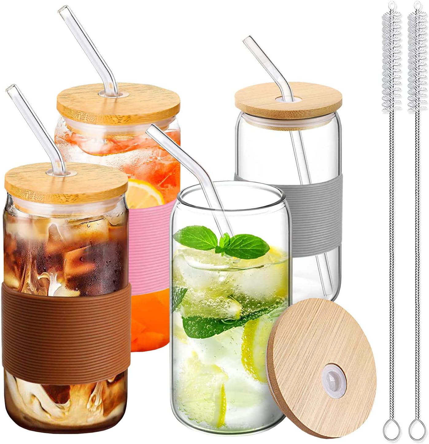 4pcs Set glass cups with Bamboo Lid And Straw – 16oz Can Shaped Drinking Glass Set, Iced Coffee Mug, Cute Tumbler Cup, Whiskey, Cocktail, Water-