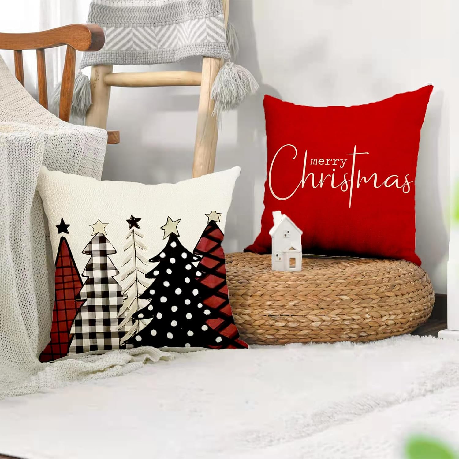 Juego de 2 fundas de almohada de 18 x 18 pulgadas con diseño de árboles de Navidad rojos, lavables a máquina, suaves, para el hogar, sala de estar,
