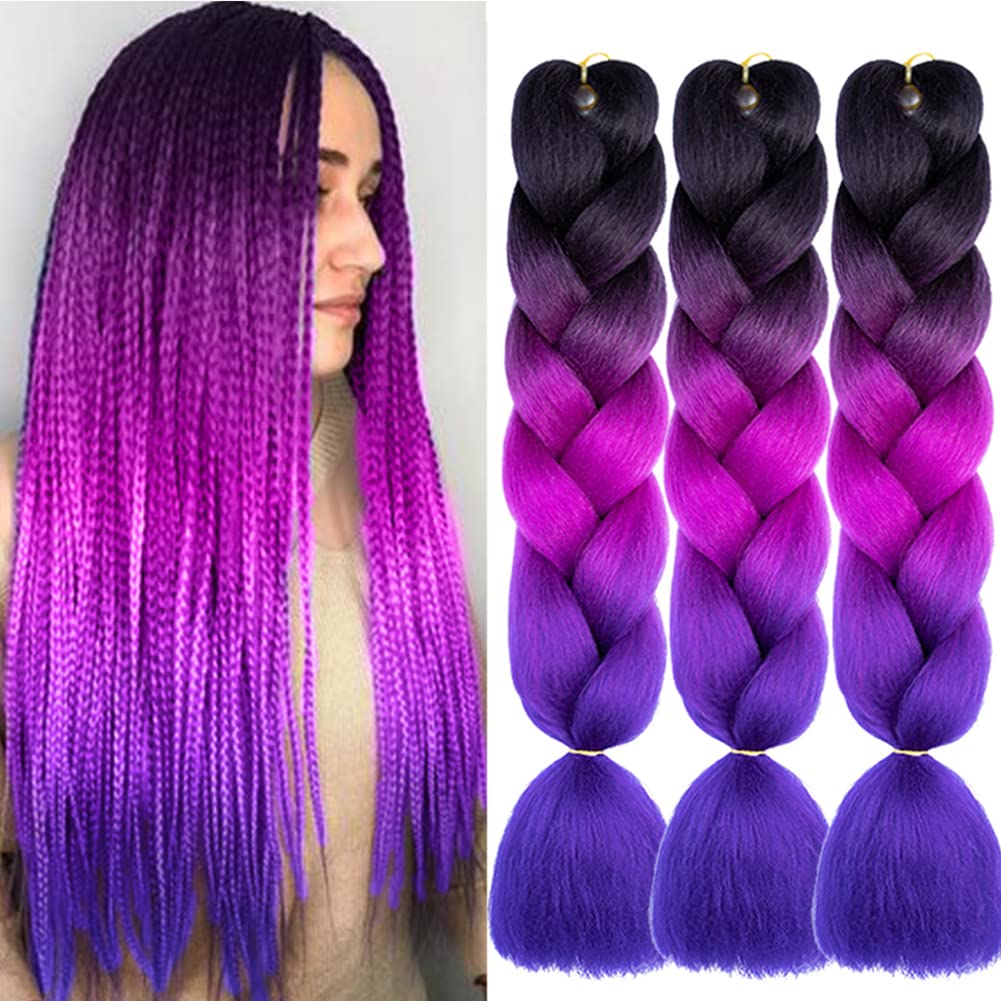 Extensiones de cabello trenzado ombré de 24 pulgadas, 3 paquetes de 3 paquetes de cabello sintético de alta temperatura colorido Jumbo trenzado de