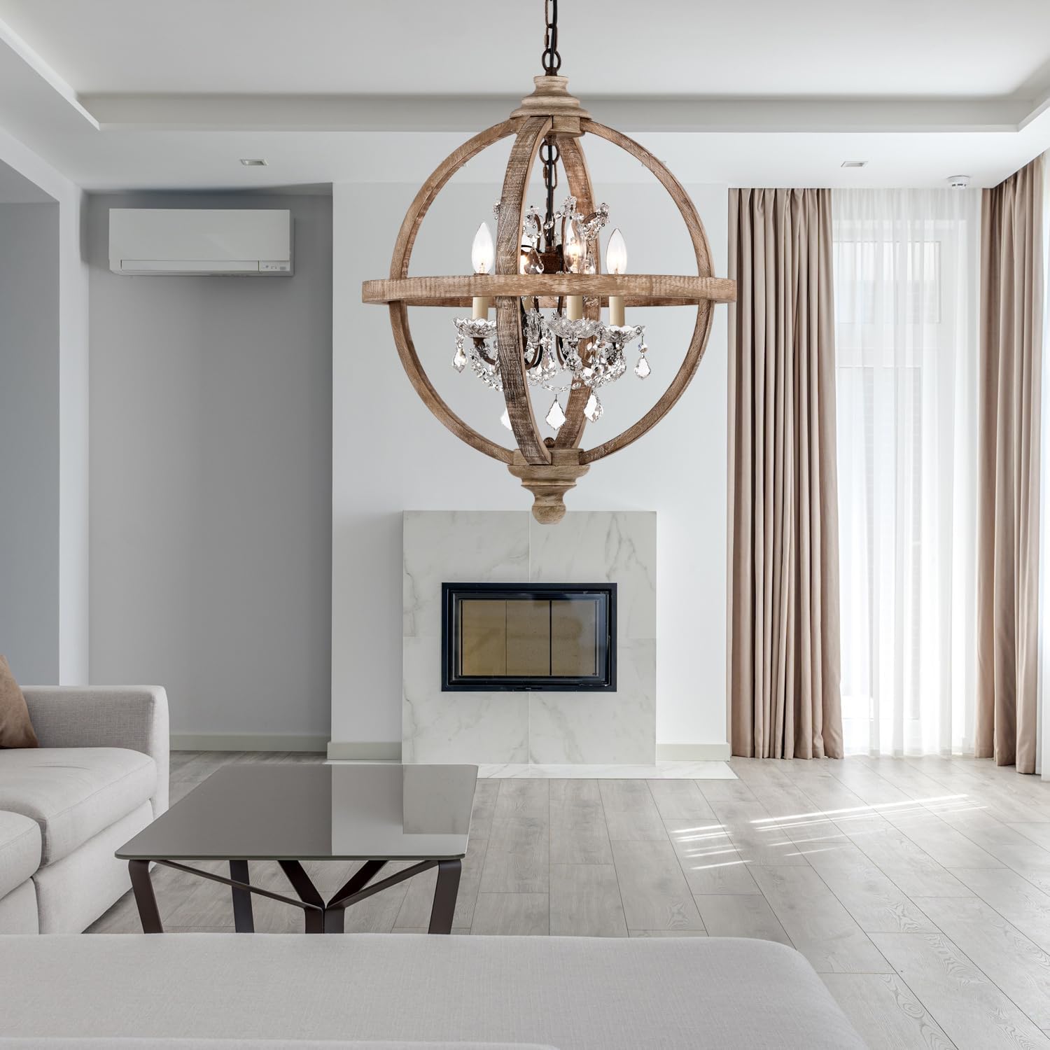 Cawabien Candelabro de metal y madera con 4 luces, estilo rústico con cristales transparentes, lámpara de techo de madera vintage para cocina,