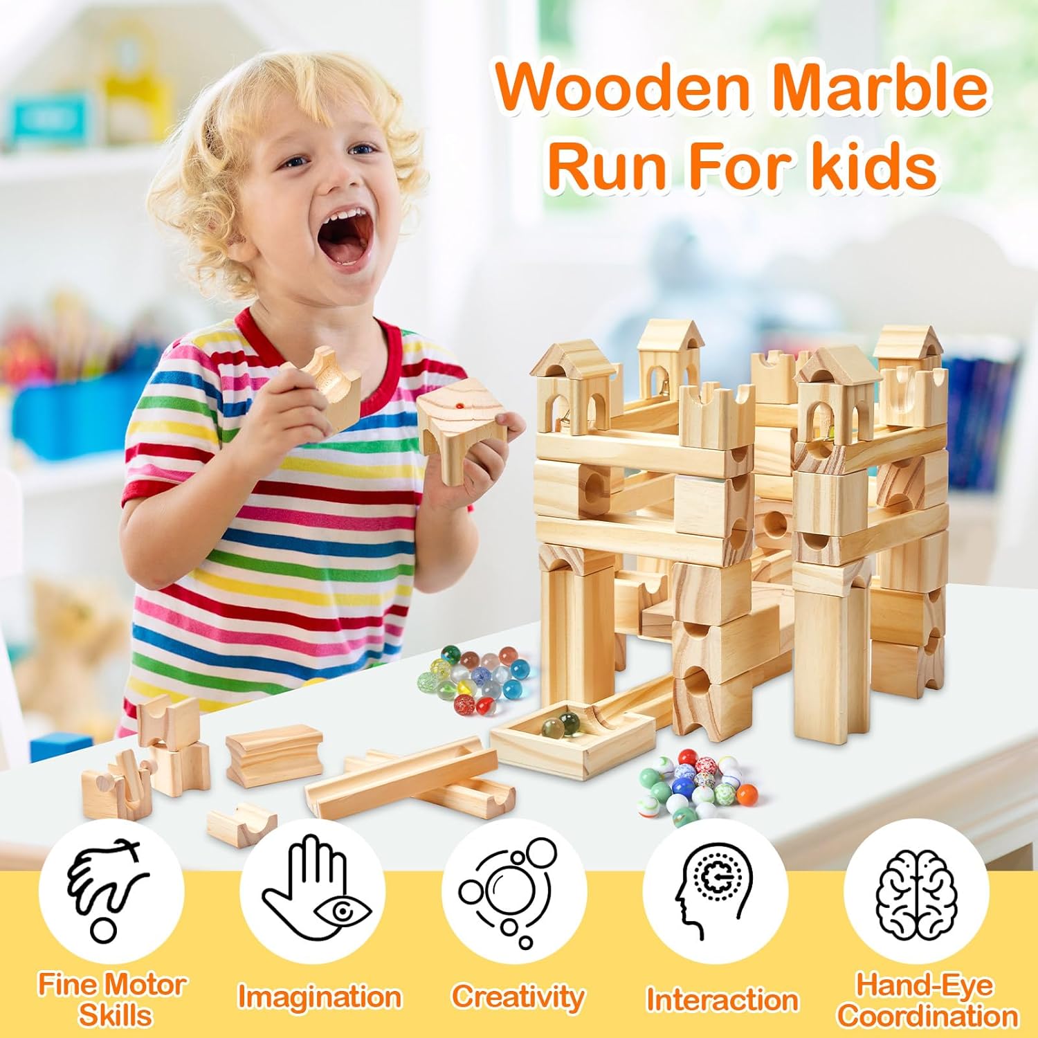 Gemscream Carrera de mármol de madera para niños de 4 a 8 años, 120 piezas de bloques de construcción de madera y juego de construcción y canicas de