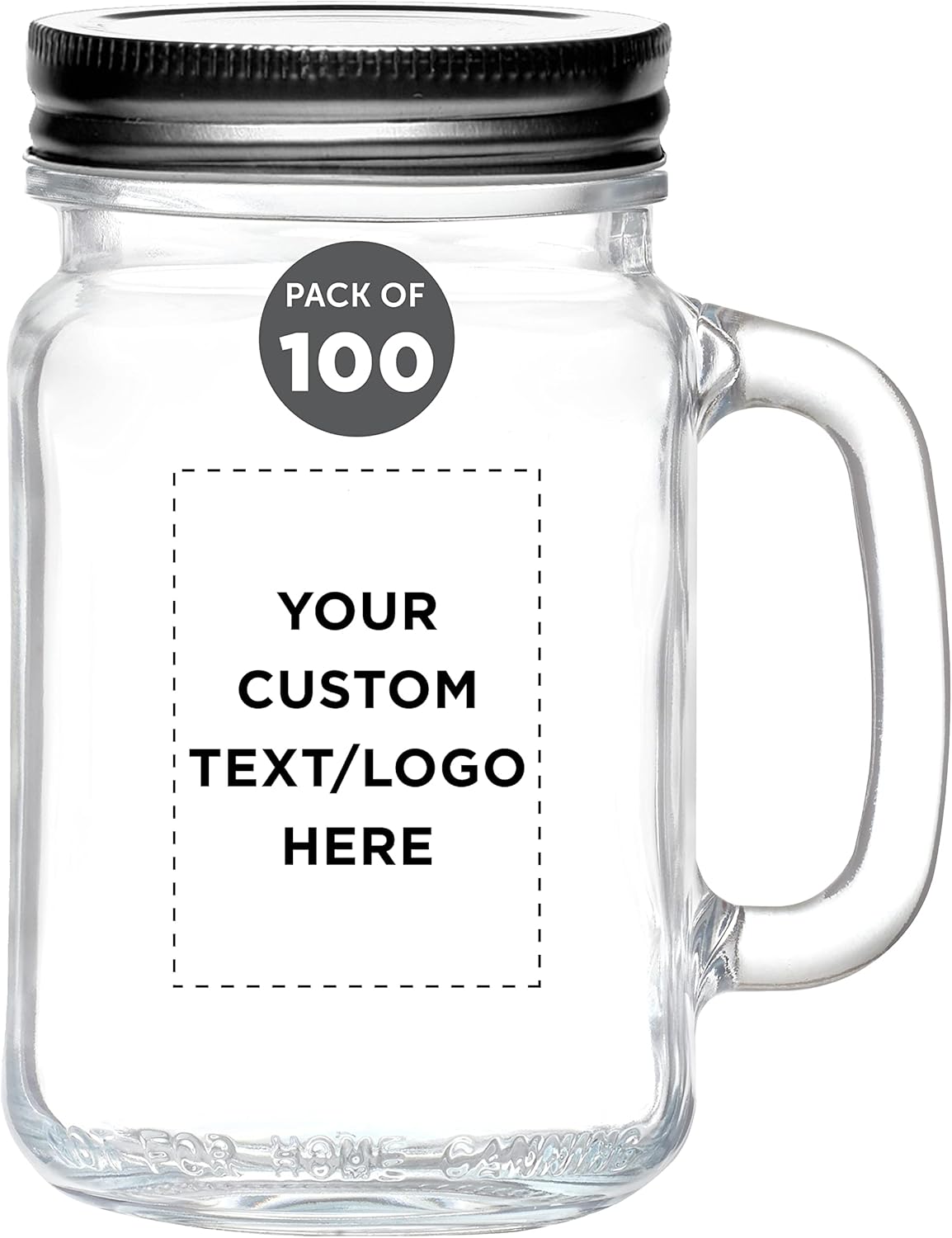 Discount Promos Libbey Handle Mason Jars – Juego de 100 tarros con tapas, 16 onzas, texto personalizado, logotipo, estilo tradicional, bebida,