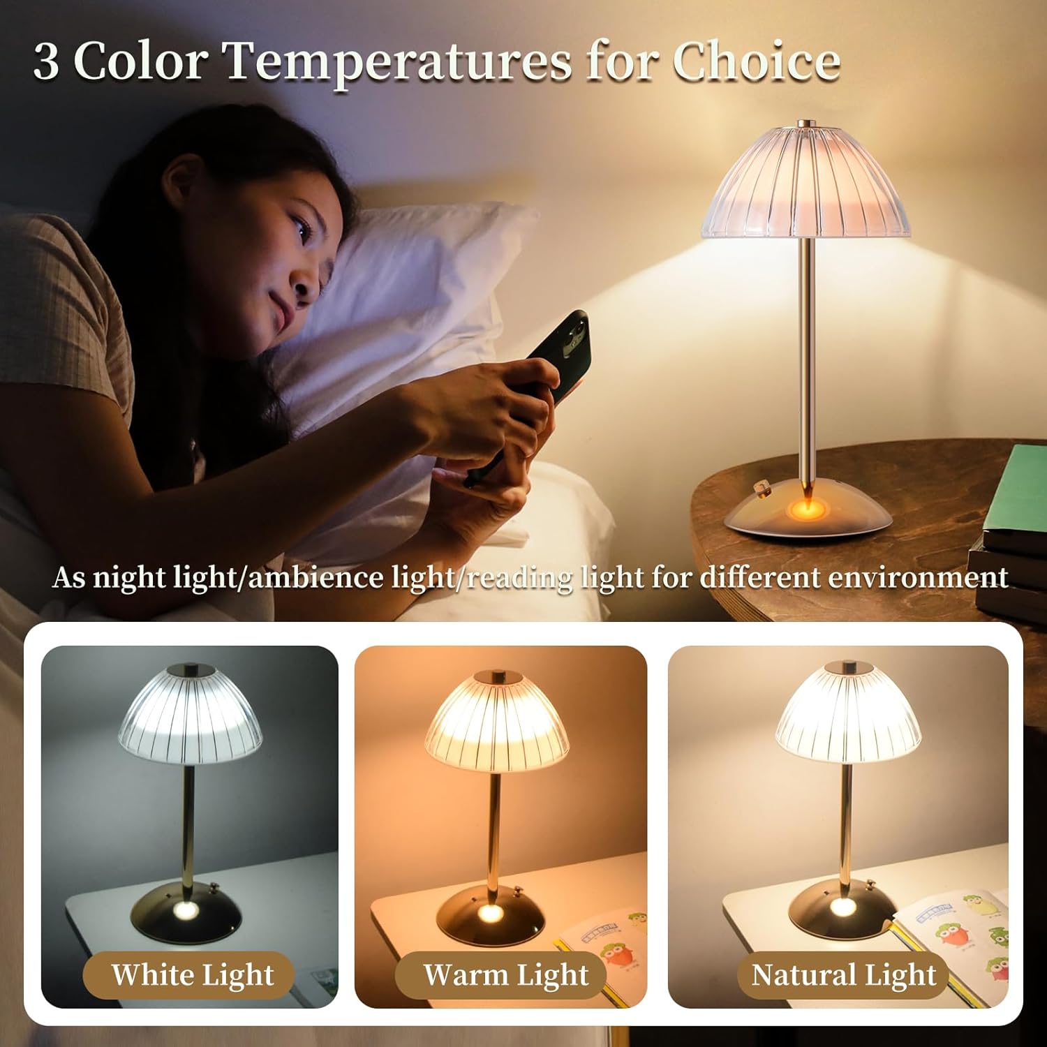 Lámpara táctil para mesita de noche, lámpara de mesa de hongos, 3 niveles de brillo, luz nocturna recargable para niños, lámpara de mesita de noche,