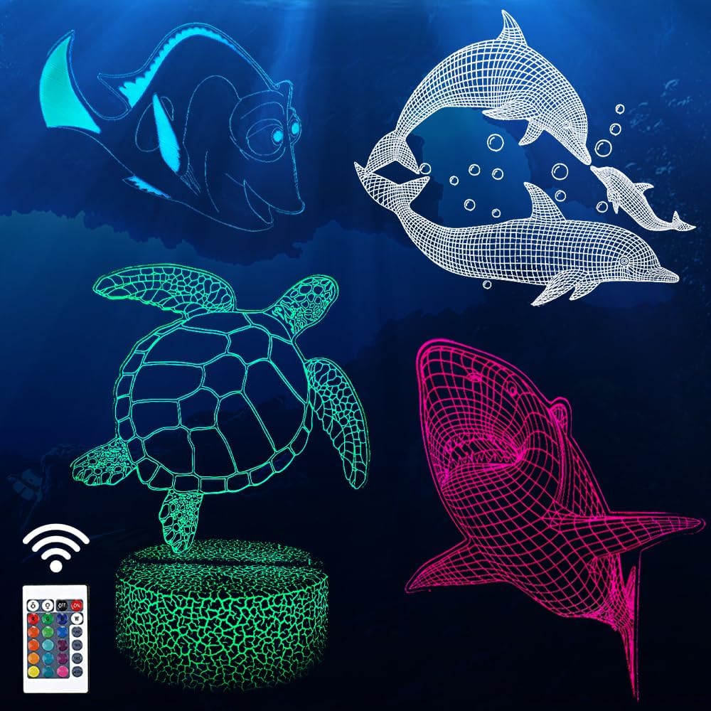 Luz nocturna 3D con diseño de animales oceánicos para niños (4 patrones), lámpara de ilusión con control remoto, 16 colores cambiantes, decoración