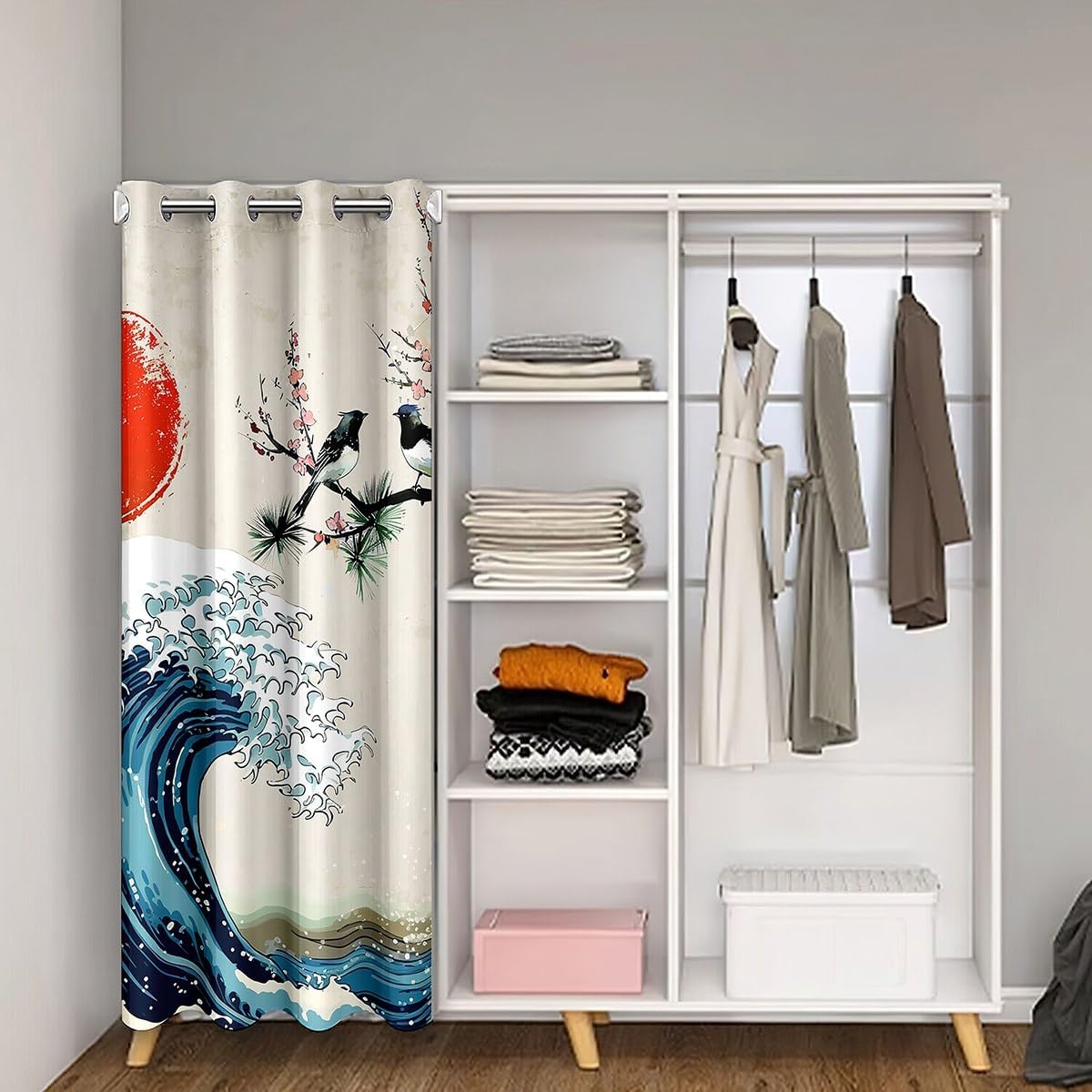Castle Fairy Ukiyoe – Cortina de puerta con diseño de océano, diseño de árbol con diseño de olas de mar con salida del sol, decoración de