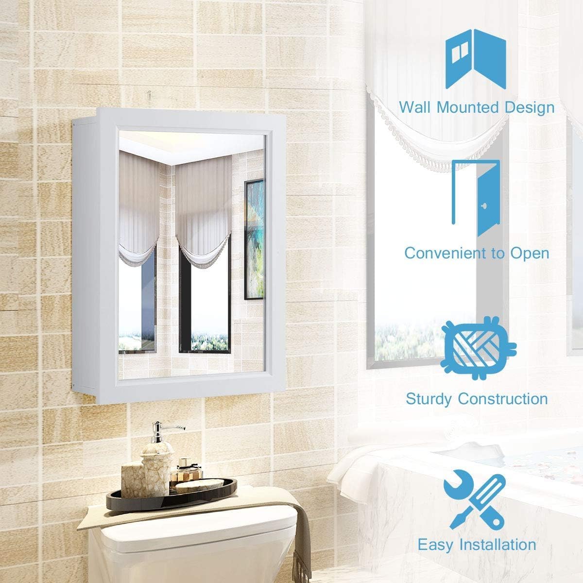 GOFLAME Botiquín de baño, armario de almacenamiento con espejo de montaje en pared con una sola puerta y estante ajustable, organizador de madera