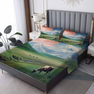 Sábanas de paisaje tamaño Queen, sábanas de vaca de montaña, sábanas y fundas de almohada estampadas de 4 piezas, sábana bajera ajustable de Sábanas de paisaje tamaño Queen, sábanas de vaca de montaña, sábanas y fundas de almohada estampadas de 4 piezas, sábana bajera ajustable de