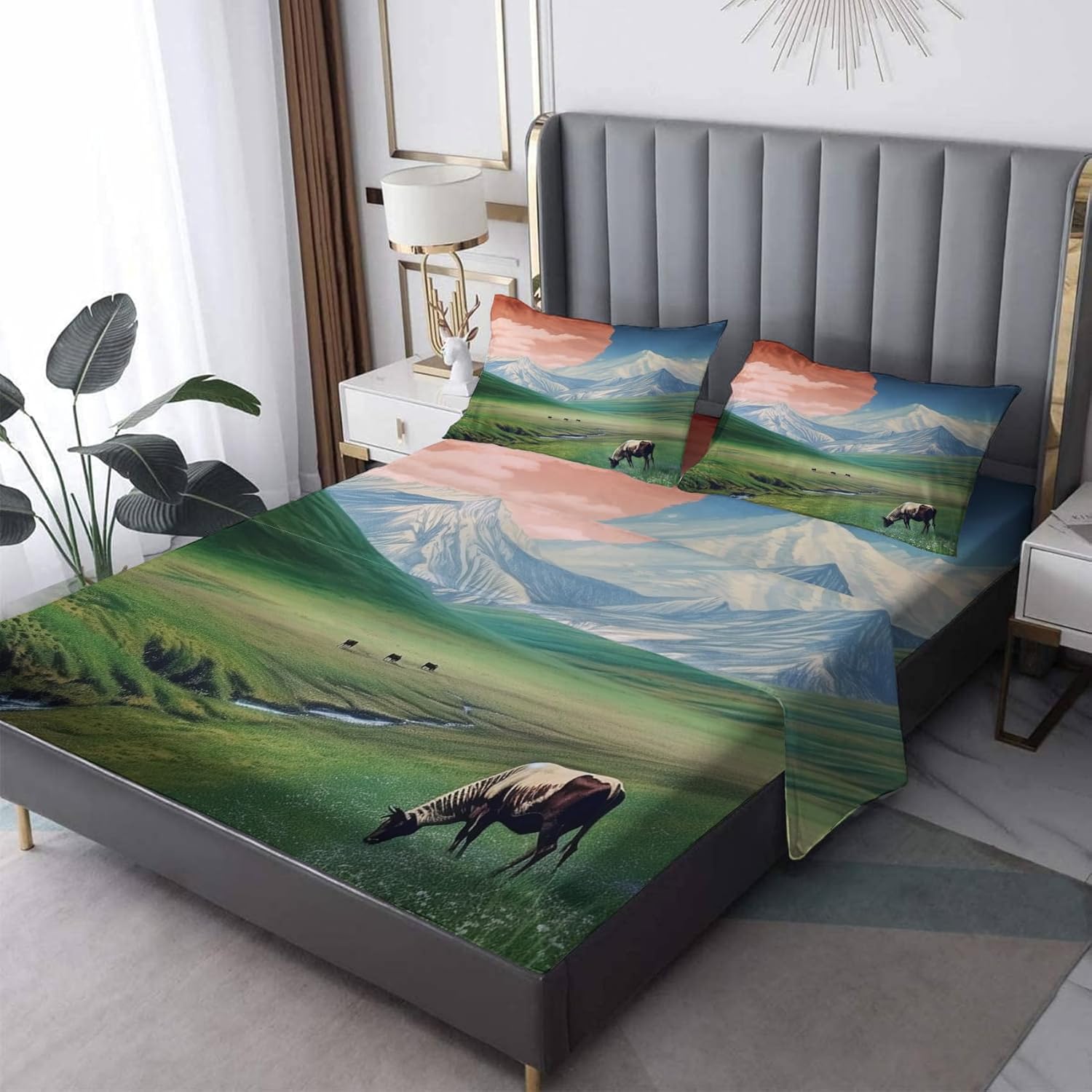 Sábanas de paisaje tamaño Queen, sábanas de vaca de montaña, sábanas y fundas de almohada estampadas de 4 piezas, sábana bajera ajustable de