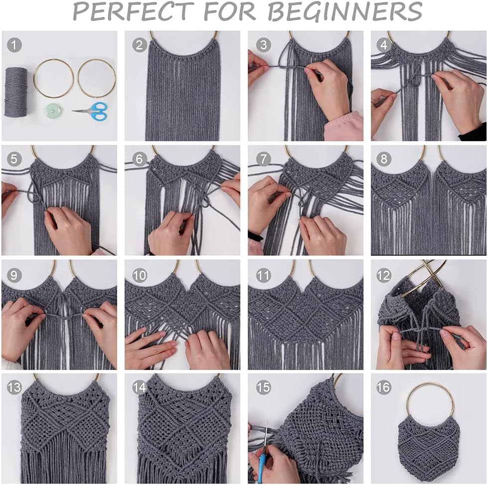 WEBEEDY Kit de macramé para principiantes, con asas de aleación, hecho a mano, bolsa de macramé, para mujeres adultas, incluye instrucciones en