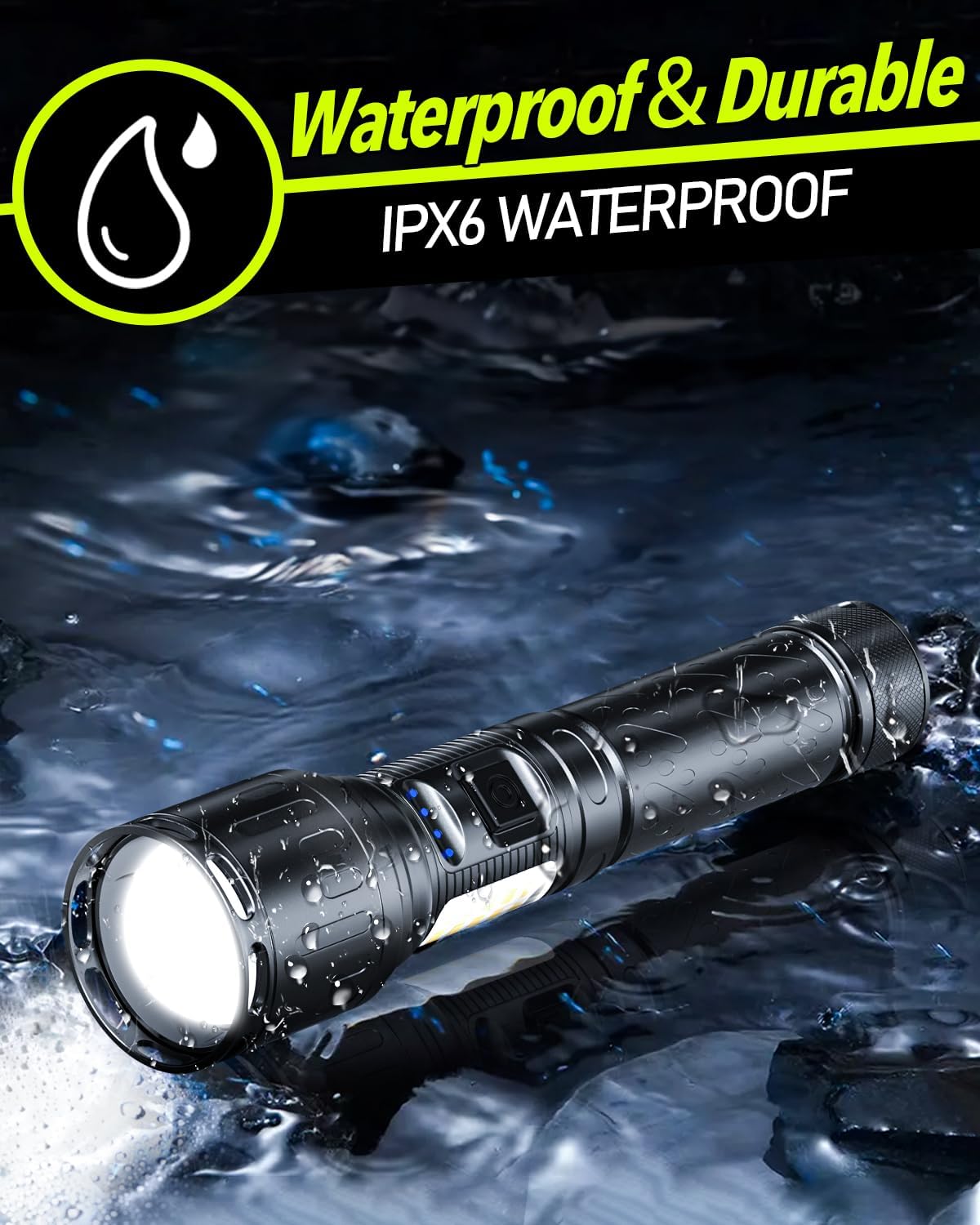 Linterna LED recargable, 30000 lúmenes altos linternas magnéticas con luz lateral de mazorca, 4,921.3 ft de largo alcance, zoom, linterna táctica