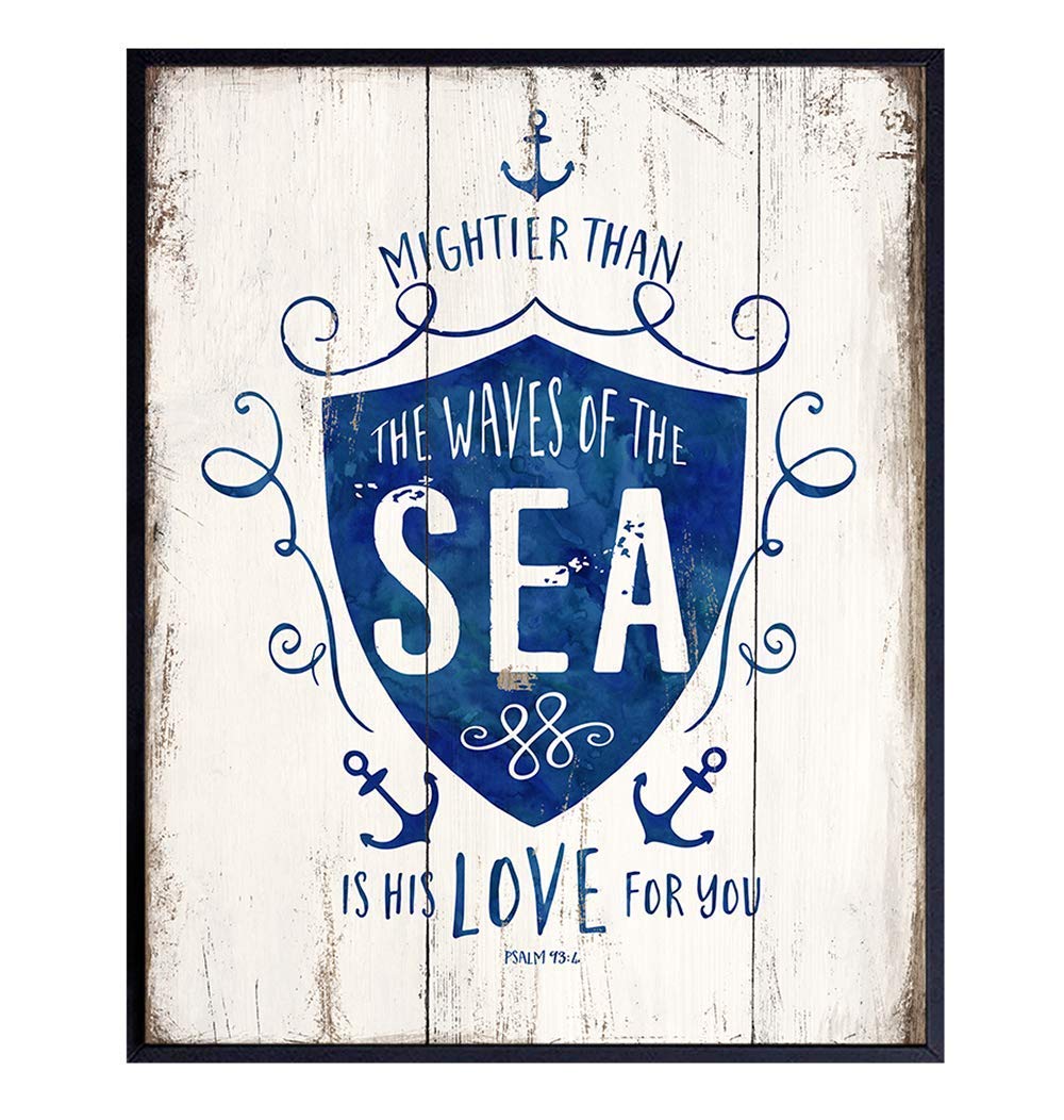 Mightier Than the Waves Religious Scripture Wall Decor – Nautical Beach House, Ocean Home Decoration – Bible Verse Wall Art – Gift for