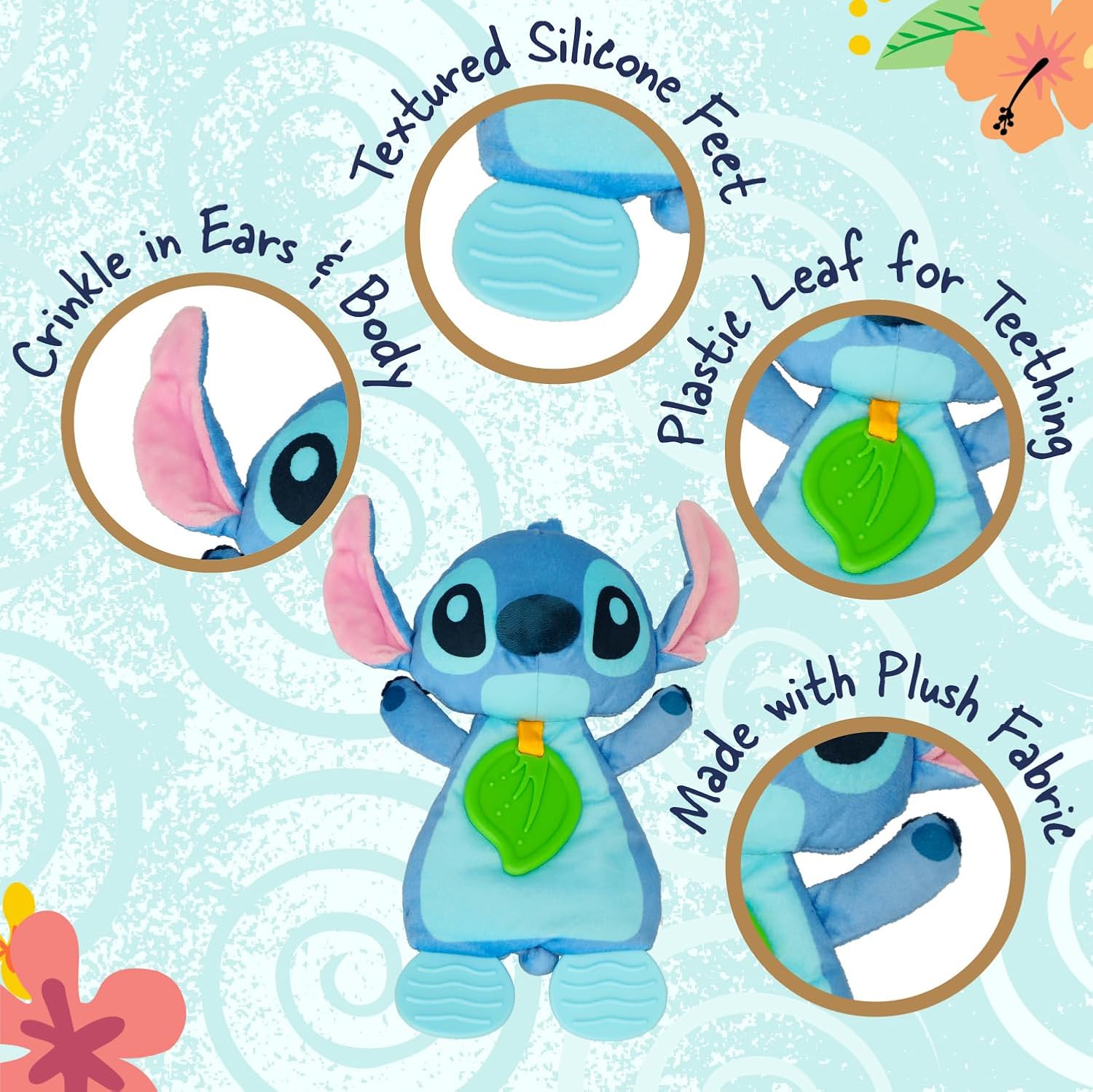 Kids Preferred Disney Baby’s Lilo and Stitch – Juguete sensorial de peluche y mordedor arrugado para bebés recién nacidos, niños y niñas de 10