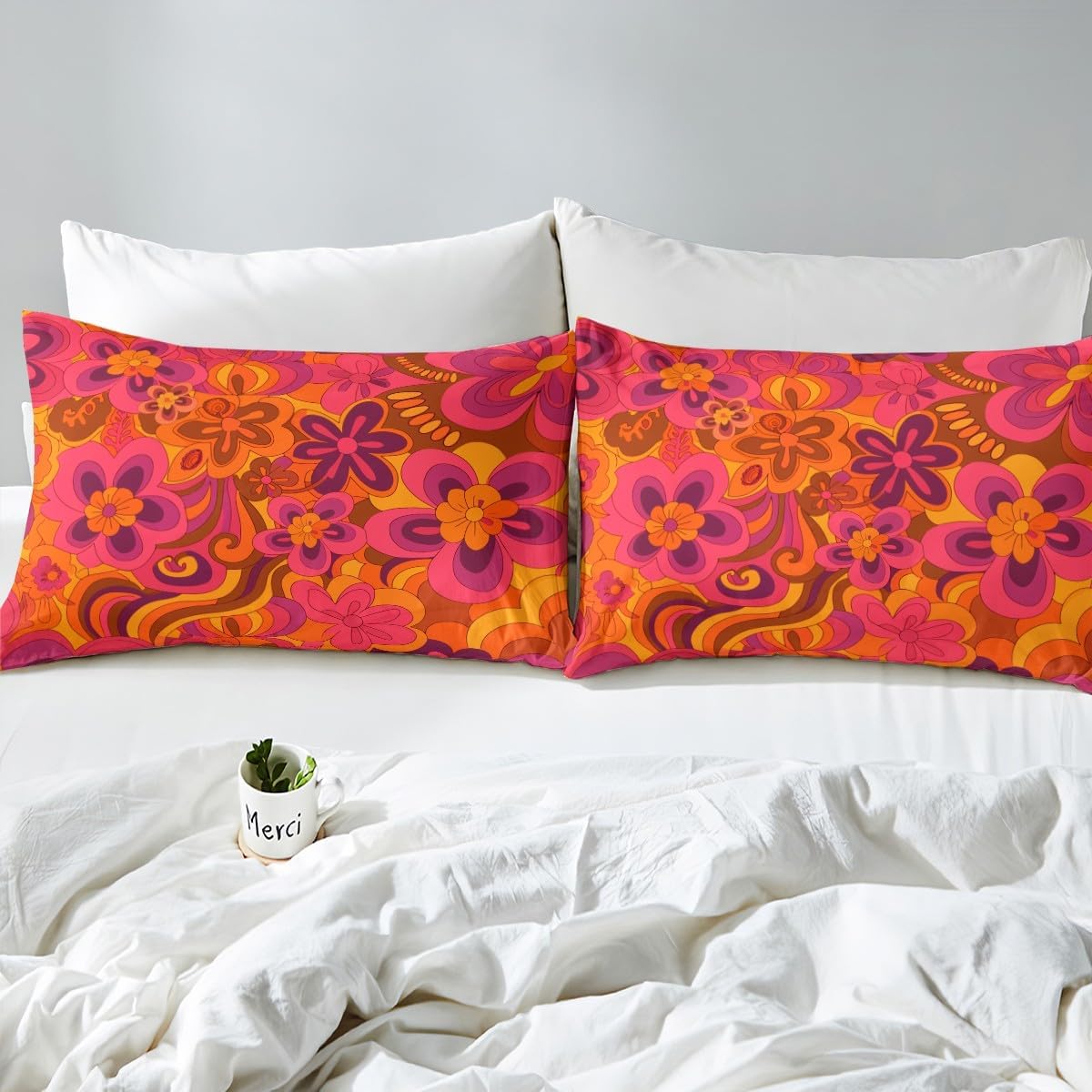 Juego de ropa de cama con estampado floral retro hippie para niños, adolescentes, funda de edredón con estampado floral bohemio vintage de los años