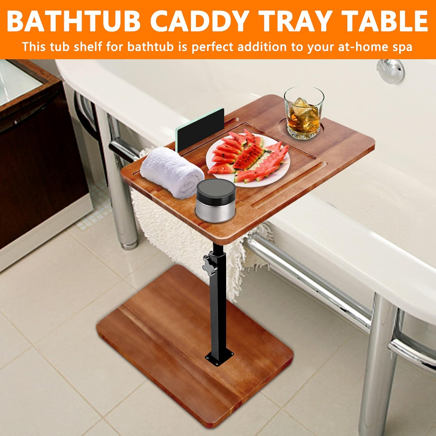 Bandeja de bañera con altura ajustable, bandeja de baño independiente con estante de lectura, soporte para tableta, bandeja para teléfono celular y