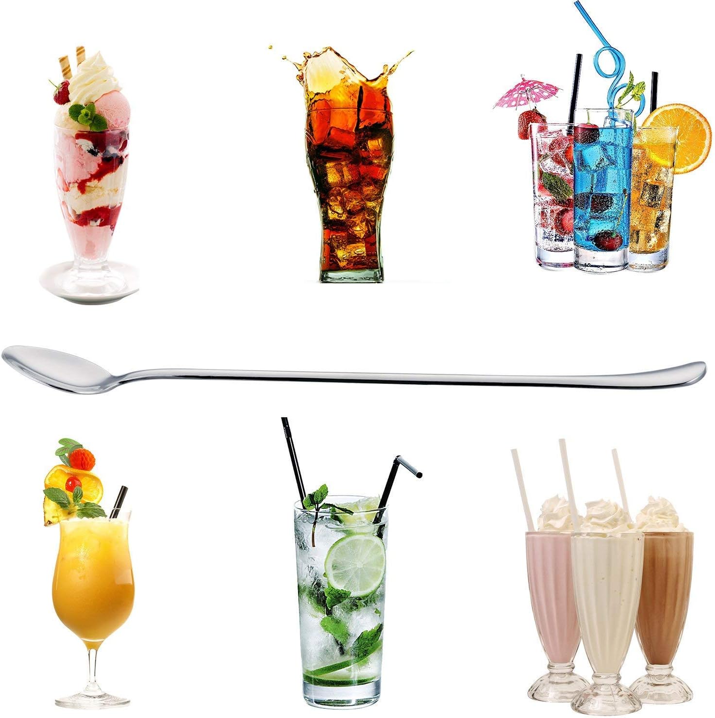 COMIART – Juego de 8 cucharas de café o té helado de acero inoxidable con mango largo, cubiertos pulidos con espejo, para fiesta en casa o bar,