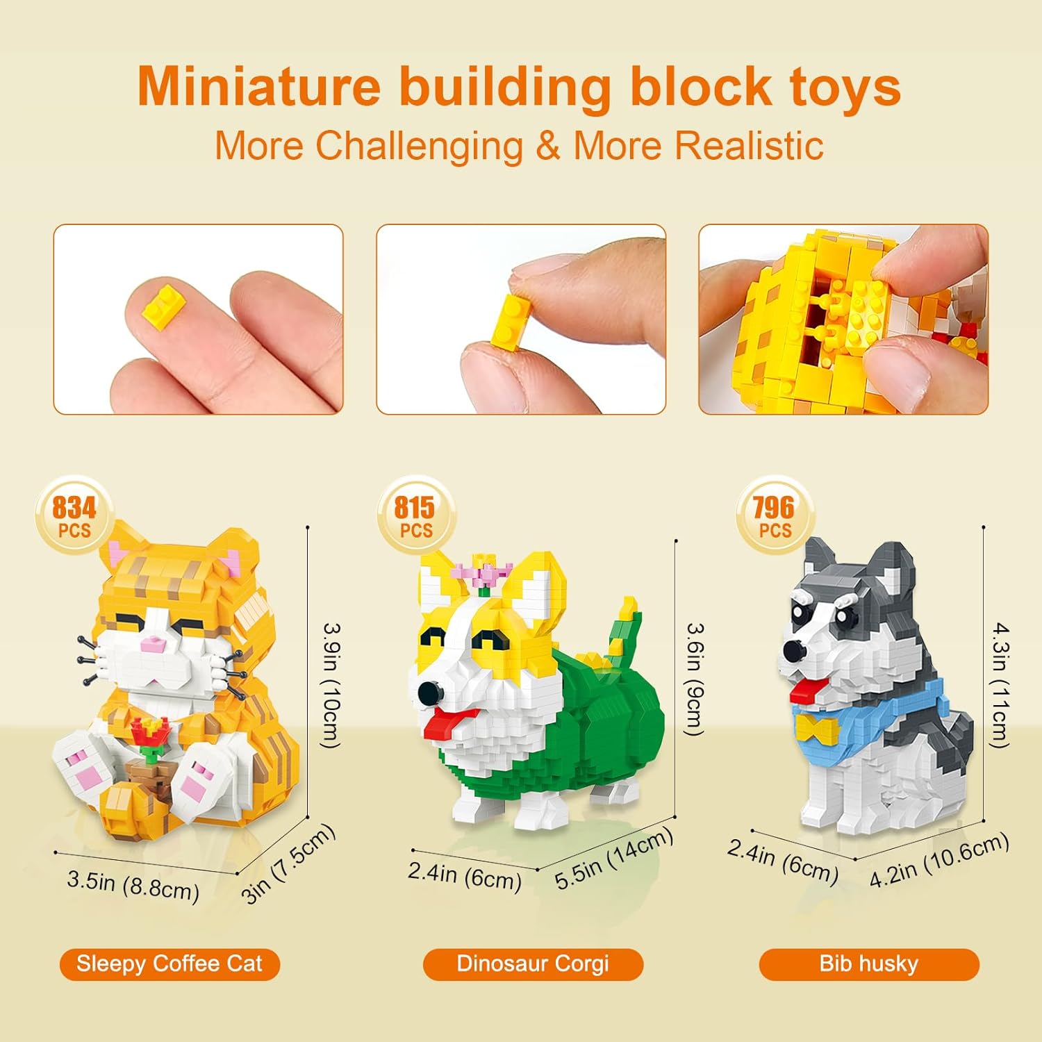 3 paquetes de juguetes de construcción de micro ladrillos, gato naranja y corgi y huskies, mini bloques de construcción lindos animales, registro de