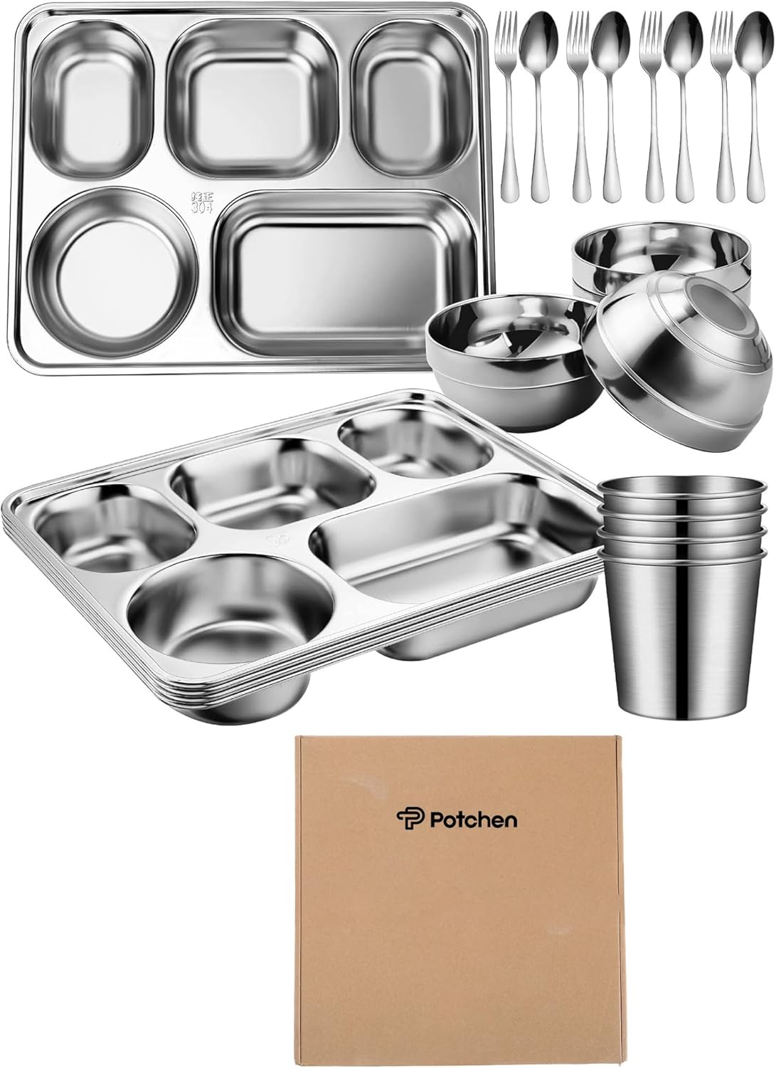Juego de vajilla de acero inoxidable de 20 piezas, incluye bandeja rectangular dividida de acero inoxidable, cucharas, tenedores, juego de tazas de