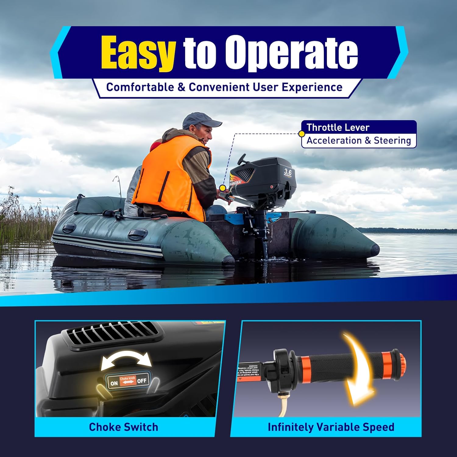 Motor fuera de borda de 2 tiempos, motor de lancha pesada de 3.6 HP 55CC para lanchas de pesca, lanchas motoras y botes inflables, sistema de