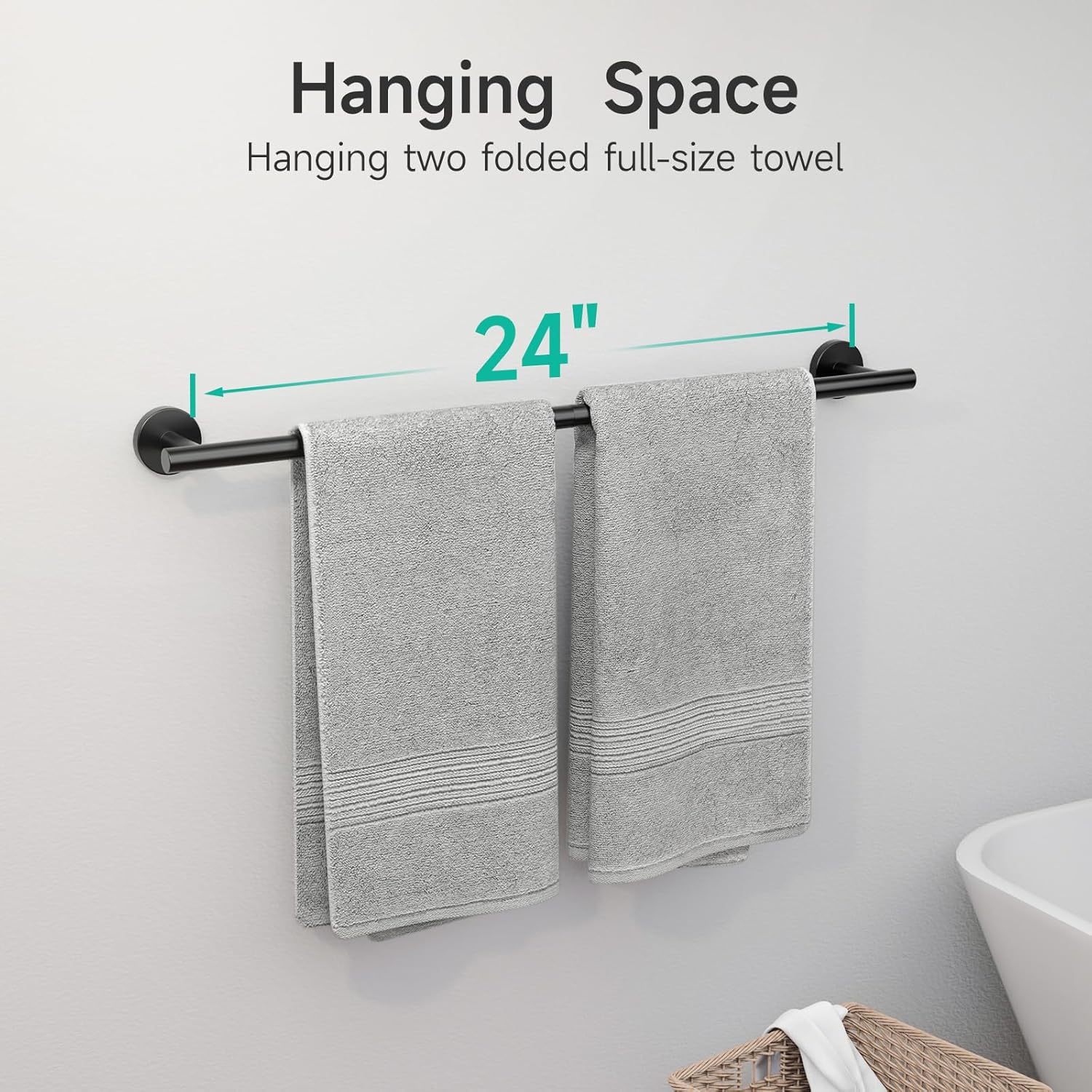 USHOWER Toallero negro mate, toallero de 24 pulgadas para baño montado en la pared, barra de toalla gruesa de acero inoxidable SUS304, decoración