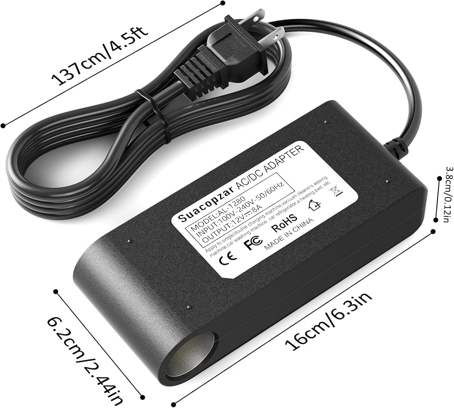 Adaptador de corriente de CA a CC de 12 V, 8 A, 96 W, 110  240 V CA a 12 V CC, convertidor de enchufe de encendedor de cigarrillos, convertidor de