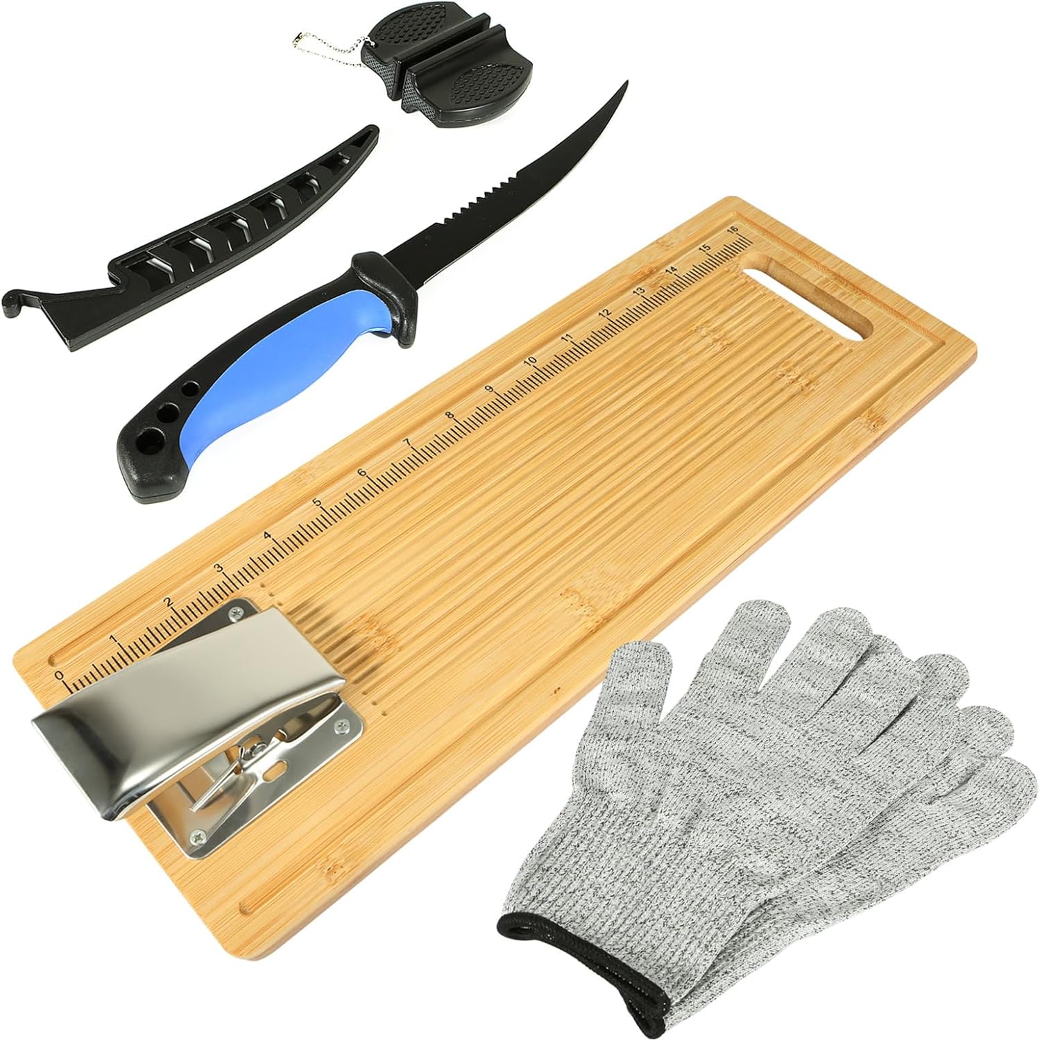 Tabla de limpieza de pescado, tabla de filete de pescado con abrazadera, cuchillo de filete y guantes, tabla de medición de pesca portátil de 18