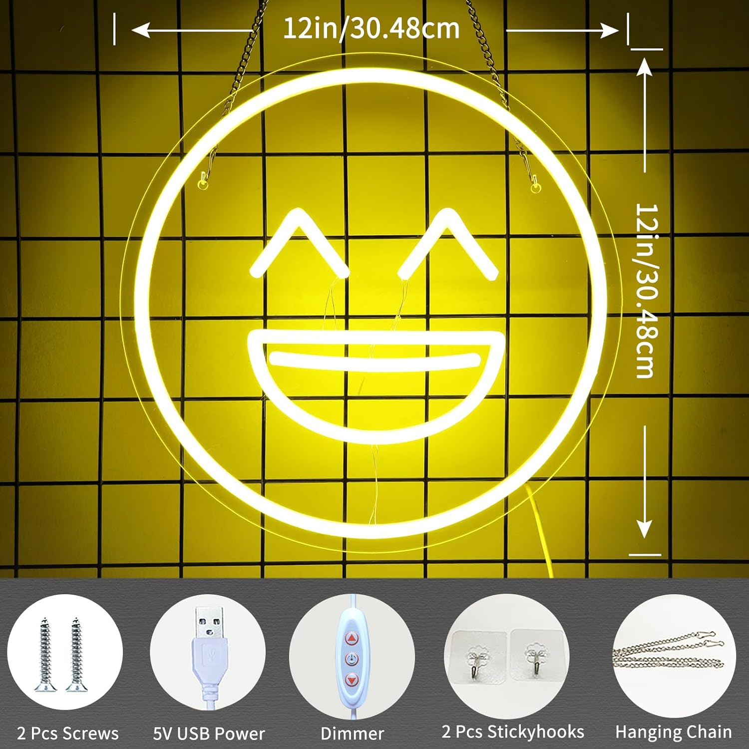Letrero de neón con cara sonriente para decoración de pared, 5 V, alimentado por USB, con luz LED, luz de neón feliz con interruptor regulable para