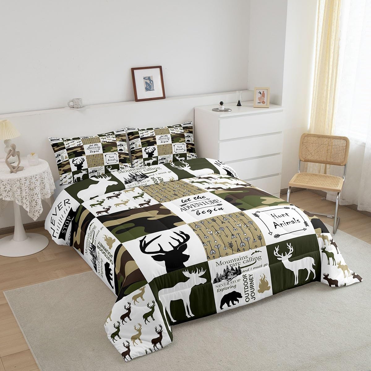 Castle Fairy Juego de edredón de cuadrícula tamaño Queen para niños, adolescentes, niños, decoración del hogar, ropa de cama de camuflaje de ciervos